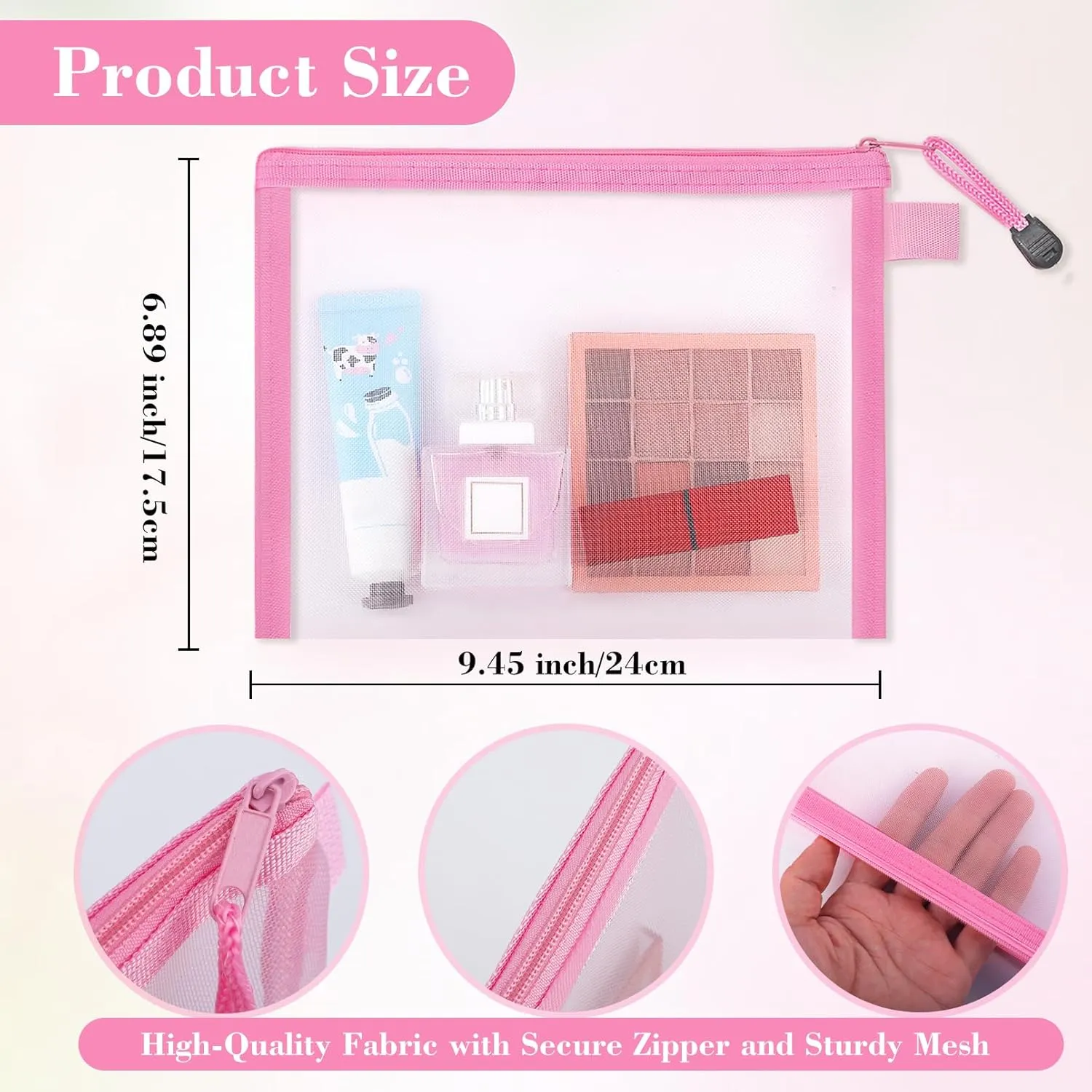 12 Pieces Zipper Nylon Mesh Bags,Mesh Makeup Bag, Multipurpose Travel Bags,Nylon Zipper Pouch,Cosmetic Bag Pencil Case for Cosmetics School Office Supplies Travel(Pink, A5)