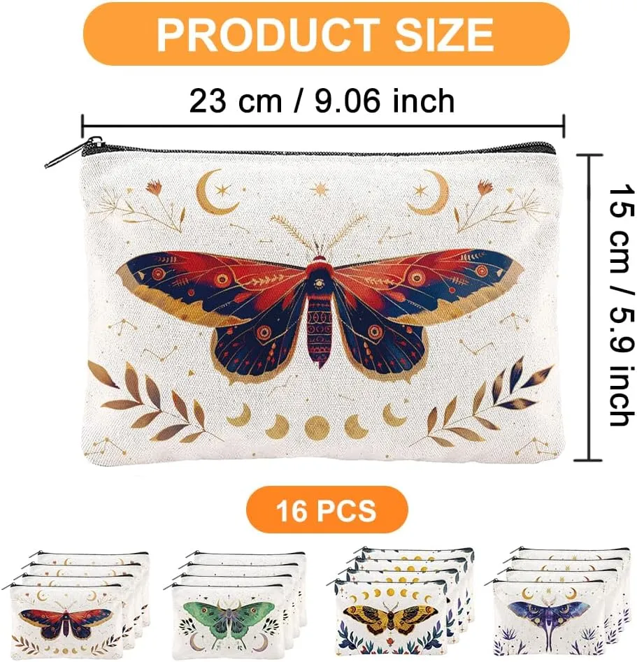 16Pcs Butterfly Makeup Bag Canvas Cosmetic Bag Insects Zipper Cosmetic Bag 5.9x9.06 Inch Polyester Travel Toiletry Pouch for Women Party Shopping Home Travel
