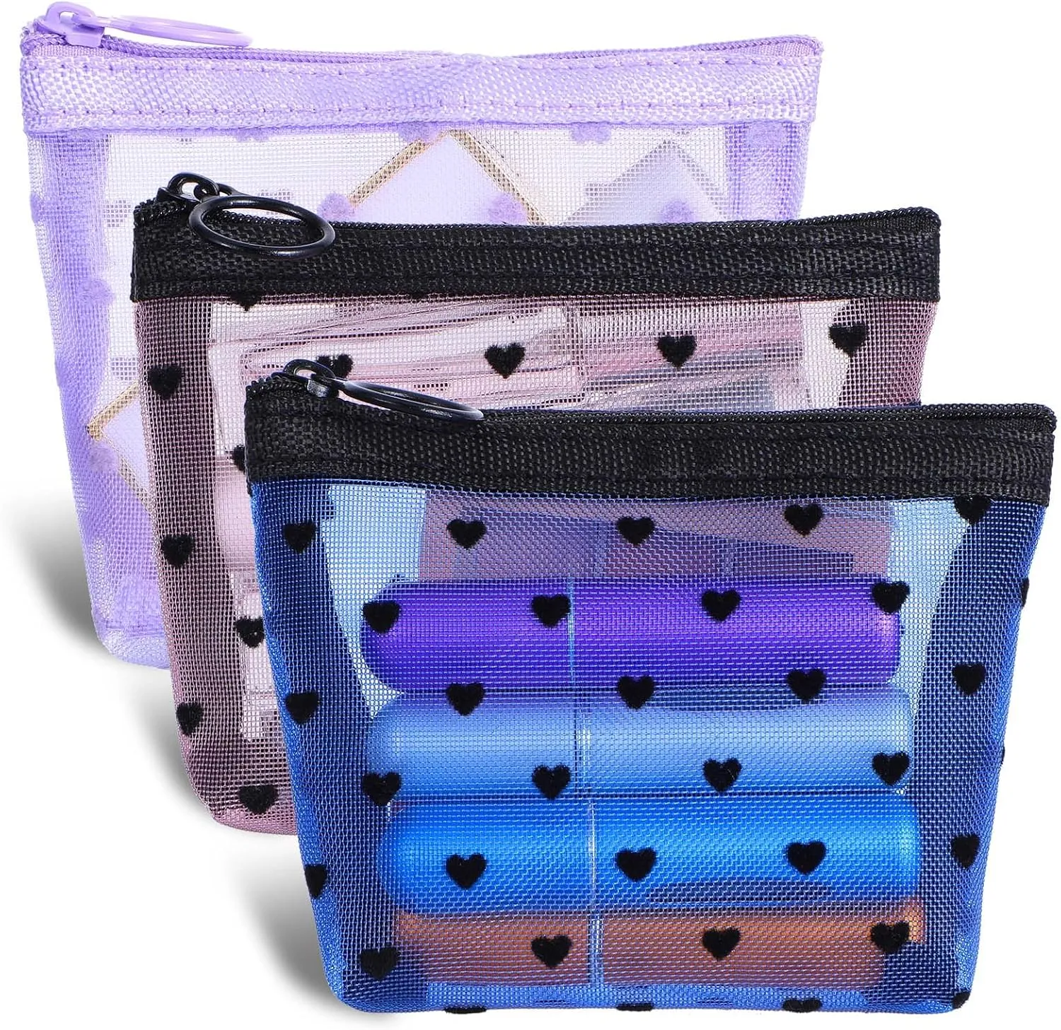3Pcs Heart Print Mini Zipper Mesh Bags, Lipstick Cosmetic Accessories Organizer, Mini Zipper Mesh Cosmetic Bag for Women, Small Makeup Bag for Purse, Style 4