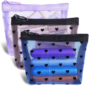 3Pcs Heart Print Mini Zipper Mesh Bags, Lipstick Cosmetic Accessories Organizer, Mini Zipper Mesh Cosmetic Bag for Women, Small Makeup Bag for Purse, Style 4