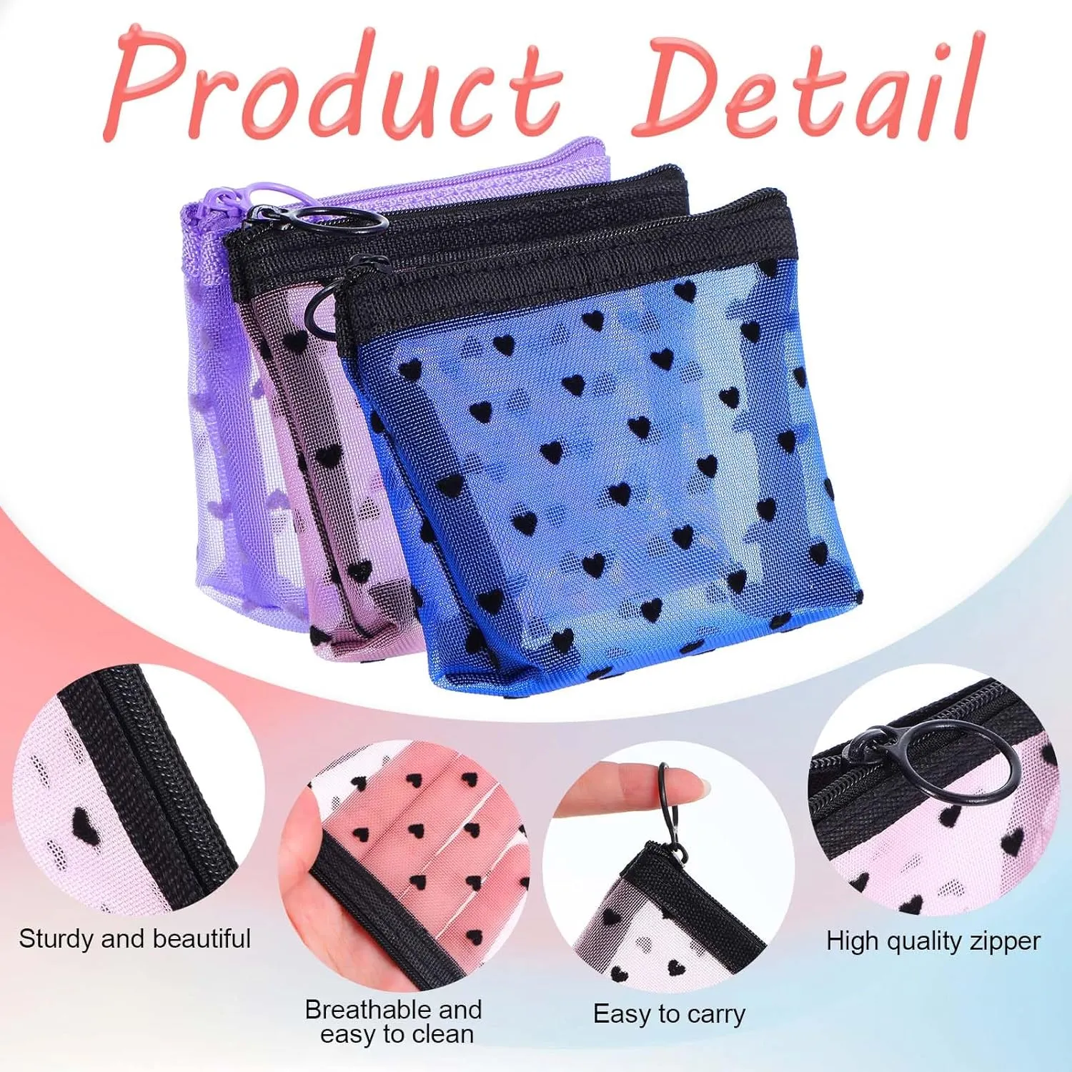 3Pcs Heart Print Mini Zipper Mesh Bags, Lipstick Cosmetic Accessories Organizer, Mini Zipper Mesh Cosmetic Bag for Women, Small Makeup Bag for Purse, Style 4