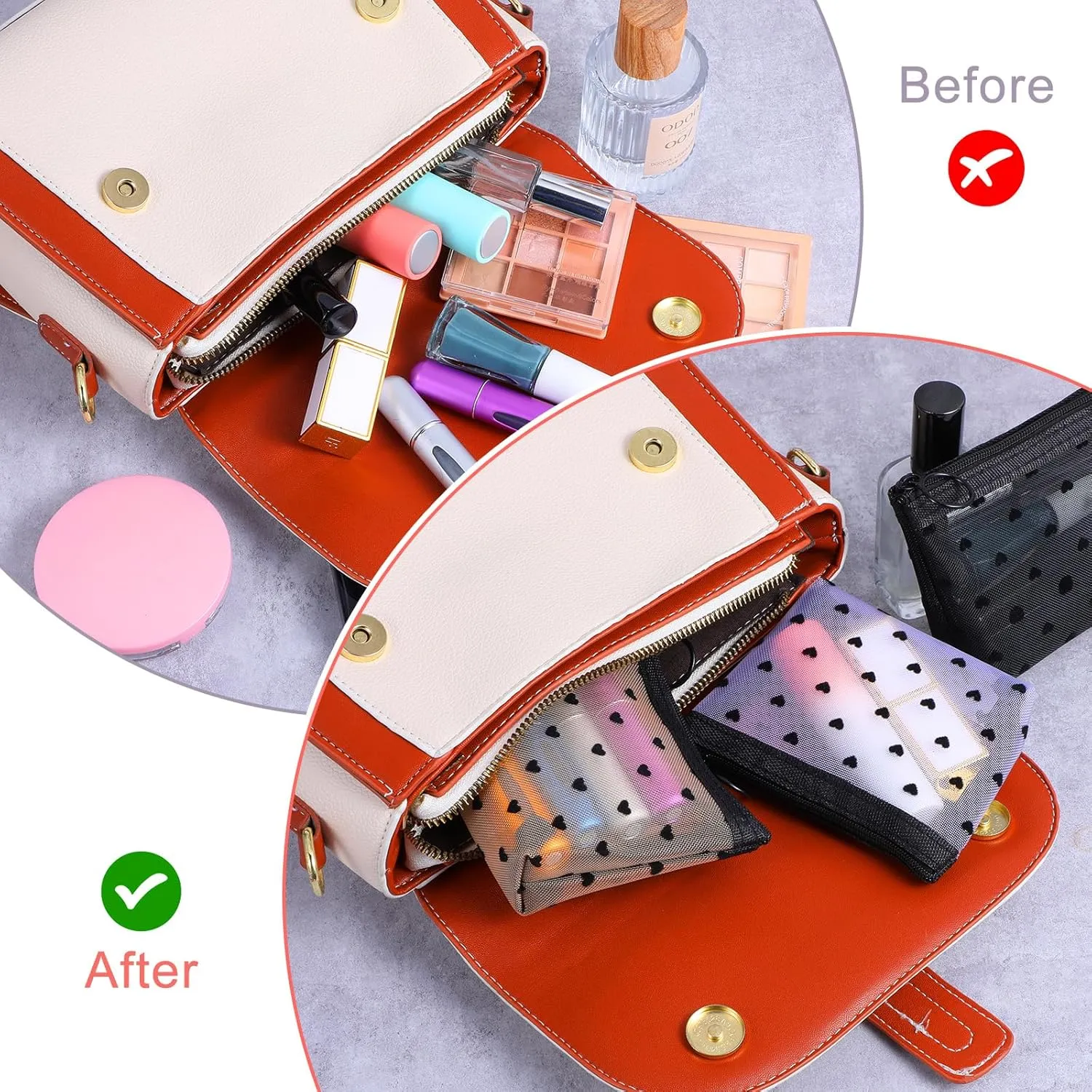 3Pcs Mini Cosmetic Bags, Heart Print Mini Zipper Mesh Bags, Lipstick Cosmetic Accessories Organizer, Zipper Mesh Cosmetic Bag for Women, Small Makeup Bag for Purse, Style 3