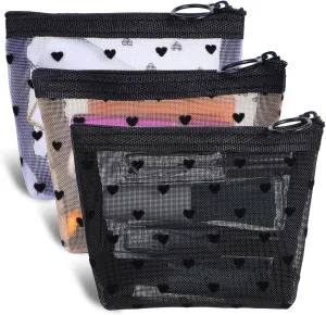 3Pcs Mini Cosmetic Bags, Heart Print Mini Zipper Mesh Bags, Lipstick Cosmetic Accessories Organizer, Zipper Mesh Cosmetic Bag for Women, Small Makeup Bag for Purse, Style 3