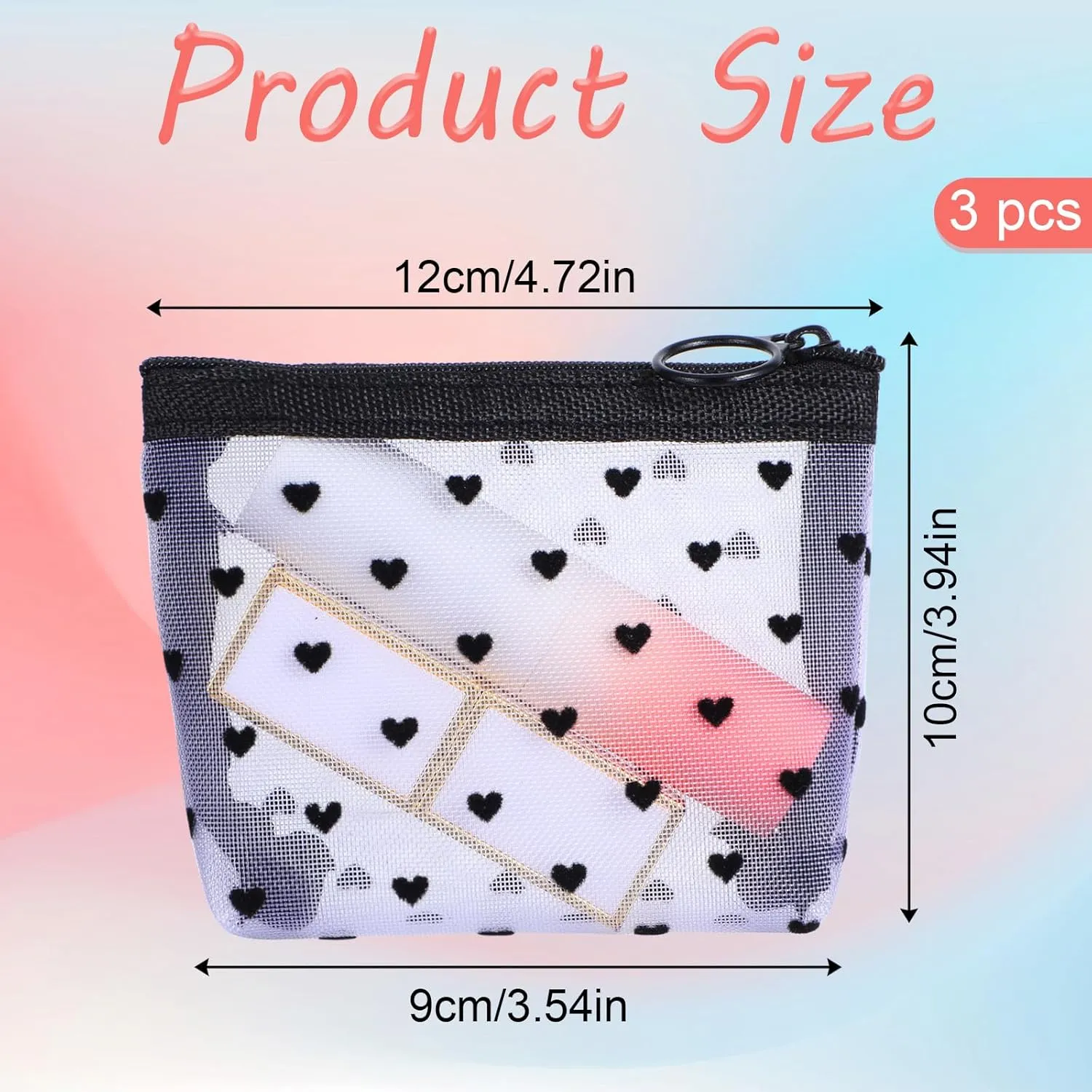 3Pcs Mini Cosmetic Bags, Heart Print Mini Zipper Mesh Bags, Lipstick Cosmetic Accessories Organizer, Zipper Mesh Cosmetic Bag for Women, Small Makeup Bag for Purse, Style 3