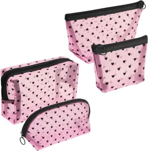 4 Pieces Mesh Cosmetic Bags, Portable Travel Mesh Makeup Bag, Heart Print Zipper Pouch Toiletry Bag for Women Girls (Pink)