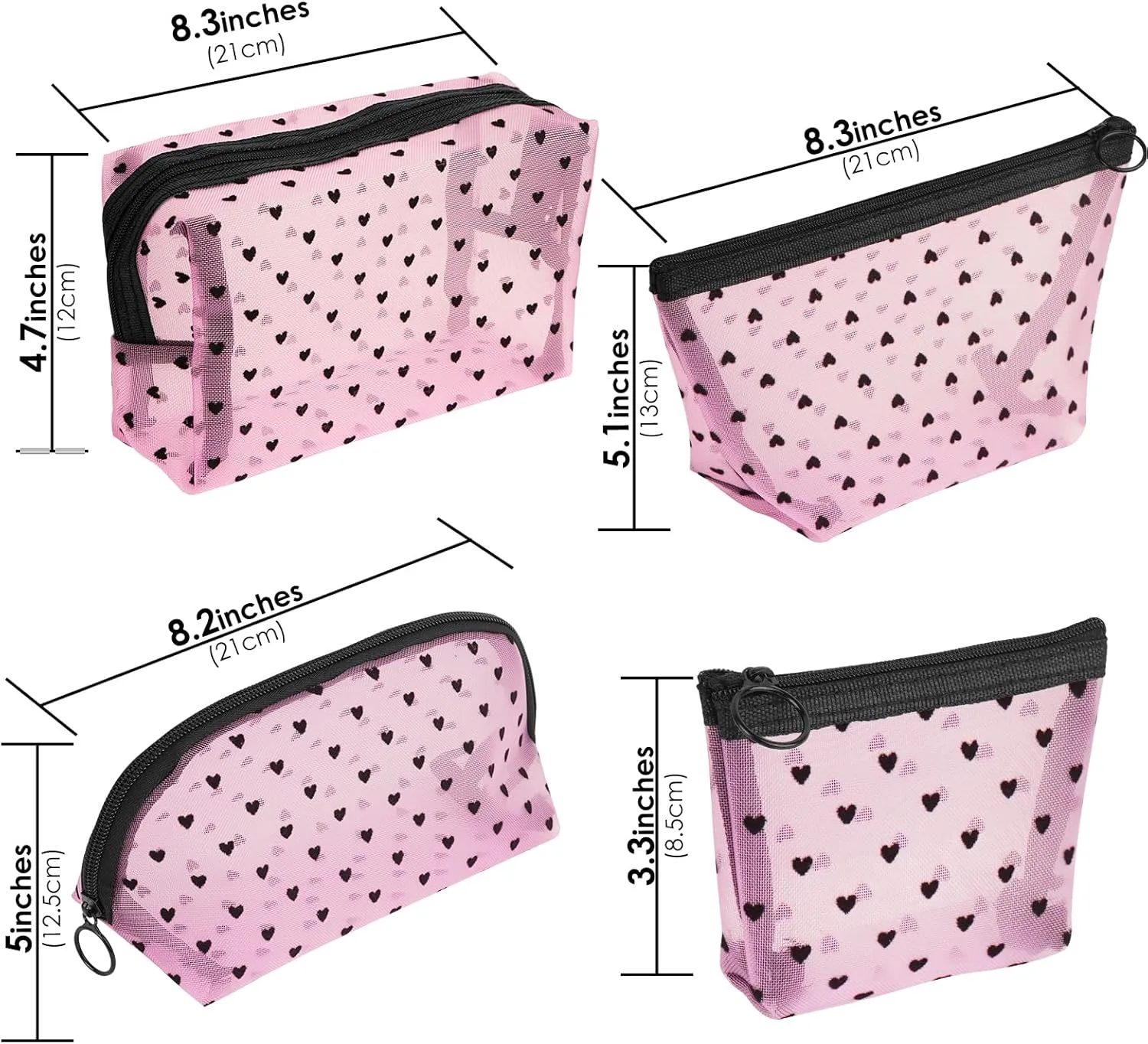 4 Pieces Mesh Cosmetic Bags, Portable Travel Mesh Makeup Bag, Heart Print Zipper Pouch Toiletry Bag for Women Girls (Pink)