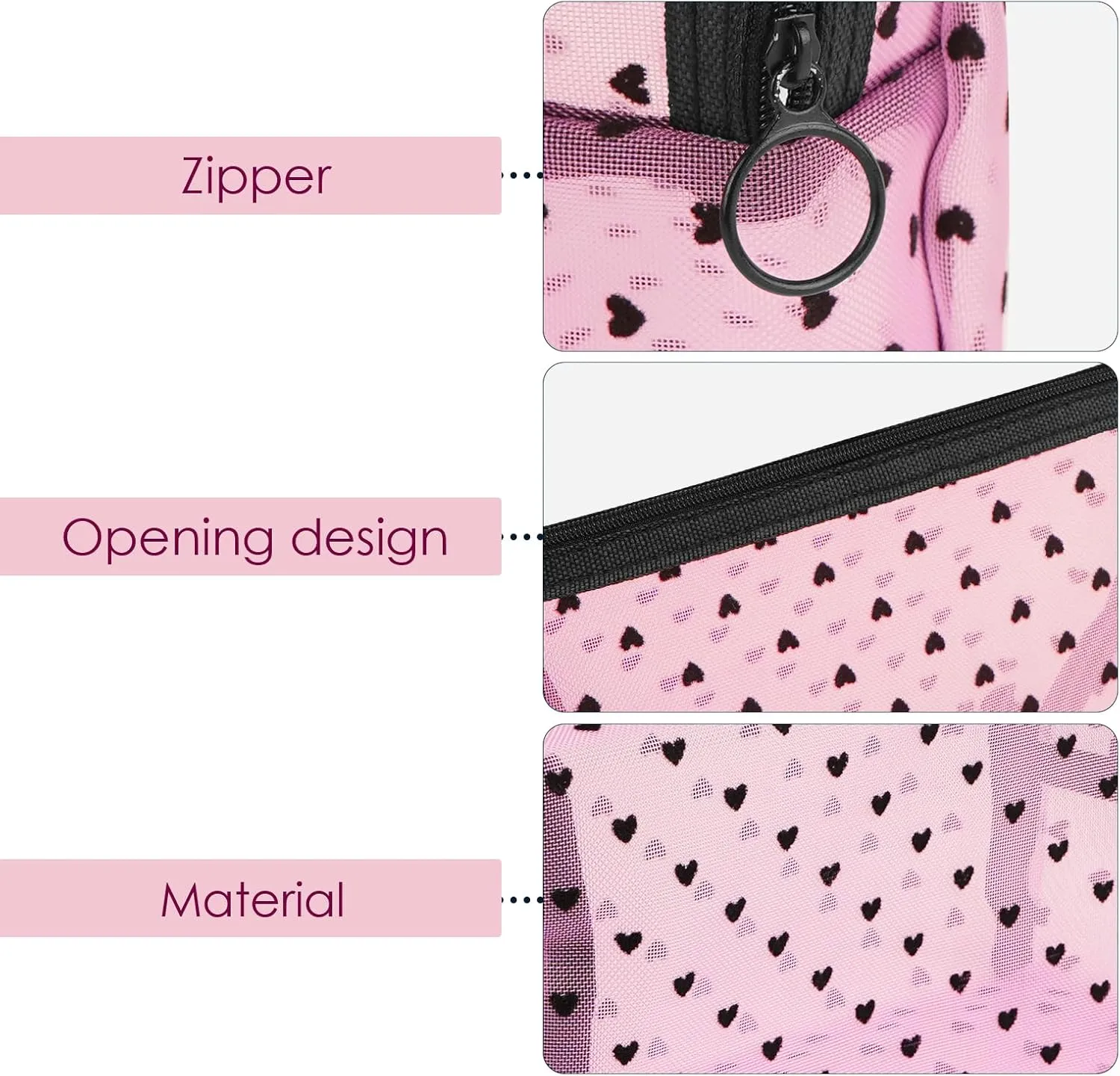 4 Pieces Mesh Cosmetic Bags, Portable Travel Mesh Makeup Bag, Heart Print Zipper Pouch Toiletry Bag for Women Girls (Pink)