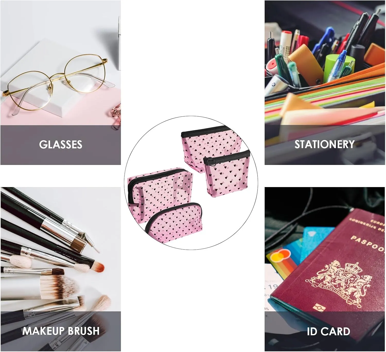 4 Pieces Mesh Cosmetic Bags, Portable Travel Mesh Makeup Bag, Heart Print Zipper Pouch Toiletry Bag for Women Girls (Pink)