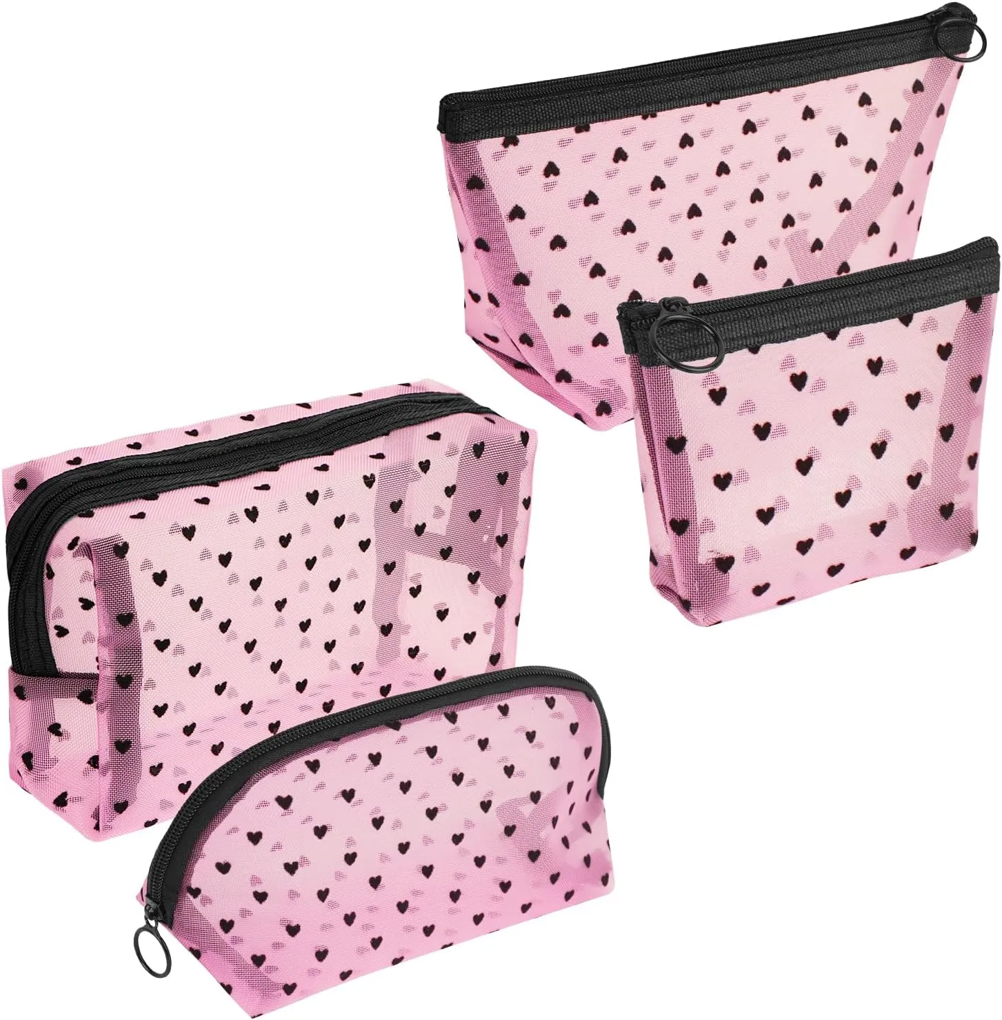 4 Pieces Mesh Cosmetic Bags, Portable Travel Mesh Makeup Bag, Heart Print Zipper Pouch Toiletry Bag for Women Girls (Pink)