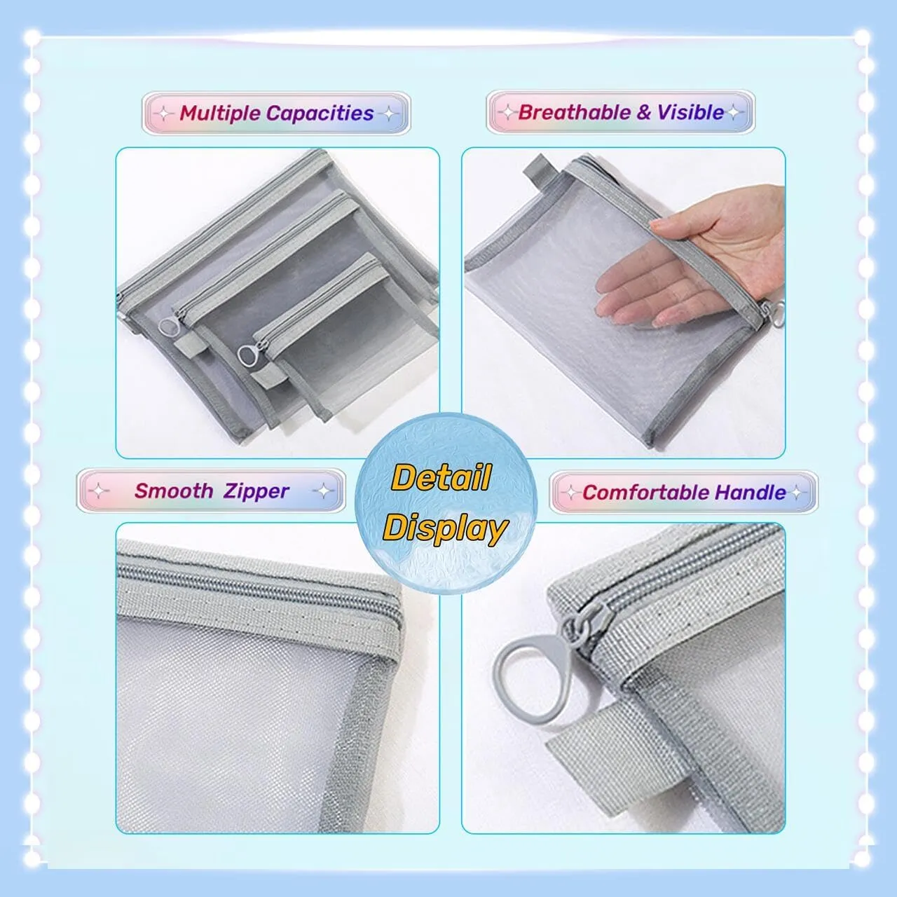 5PCS Zipper Mesh Bags, Cosmetic Accessories Organizer, Small Travel Kit Storage Pouch for Credit Card Key Holder Coin Purse, Mesh Cosmetic Bag for Travel Pouches for Organization (Gray Side-Pull)