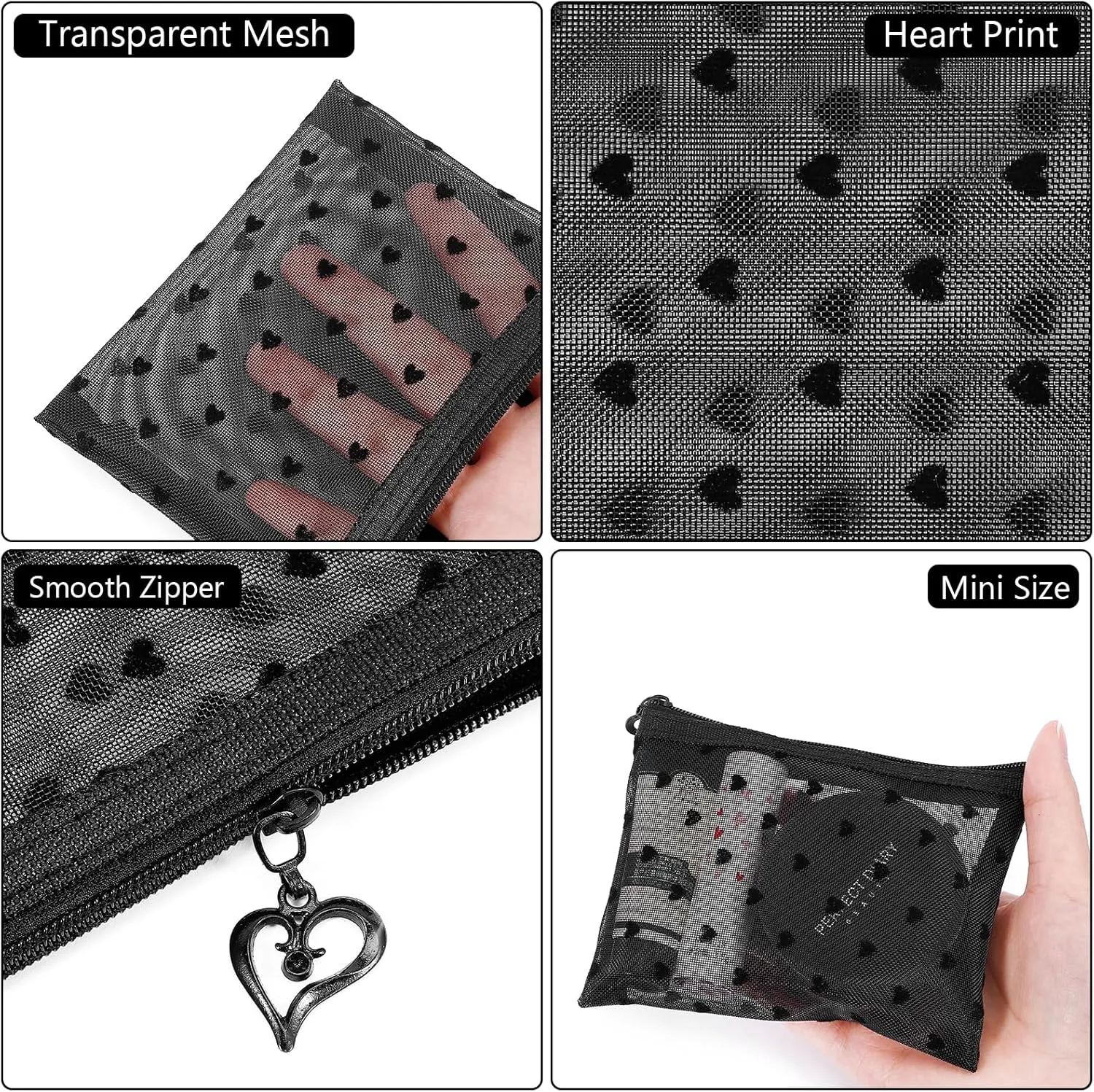 6 Pack Mini Zipper Mesh Makeup Bags, Heart Print Nylon Cosmetic Bags Toiletry Bags for Office Travel Organization (Black, S)