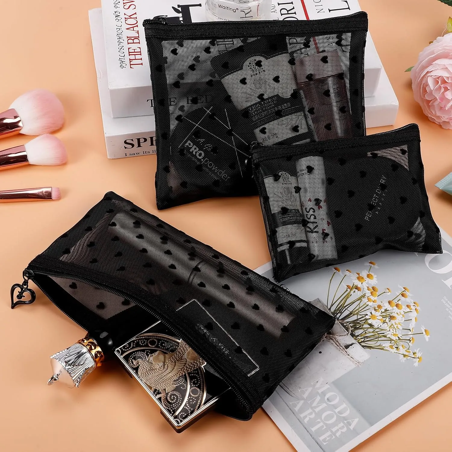 6 Pack Mini Zipper Mesh Makeup Bags, Heart Print Nylon Cosmetic Bags Toiletry Bags for Office Travel Organization (Black, S)