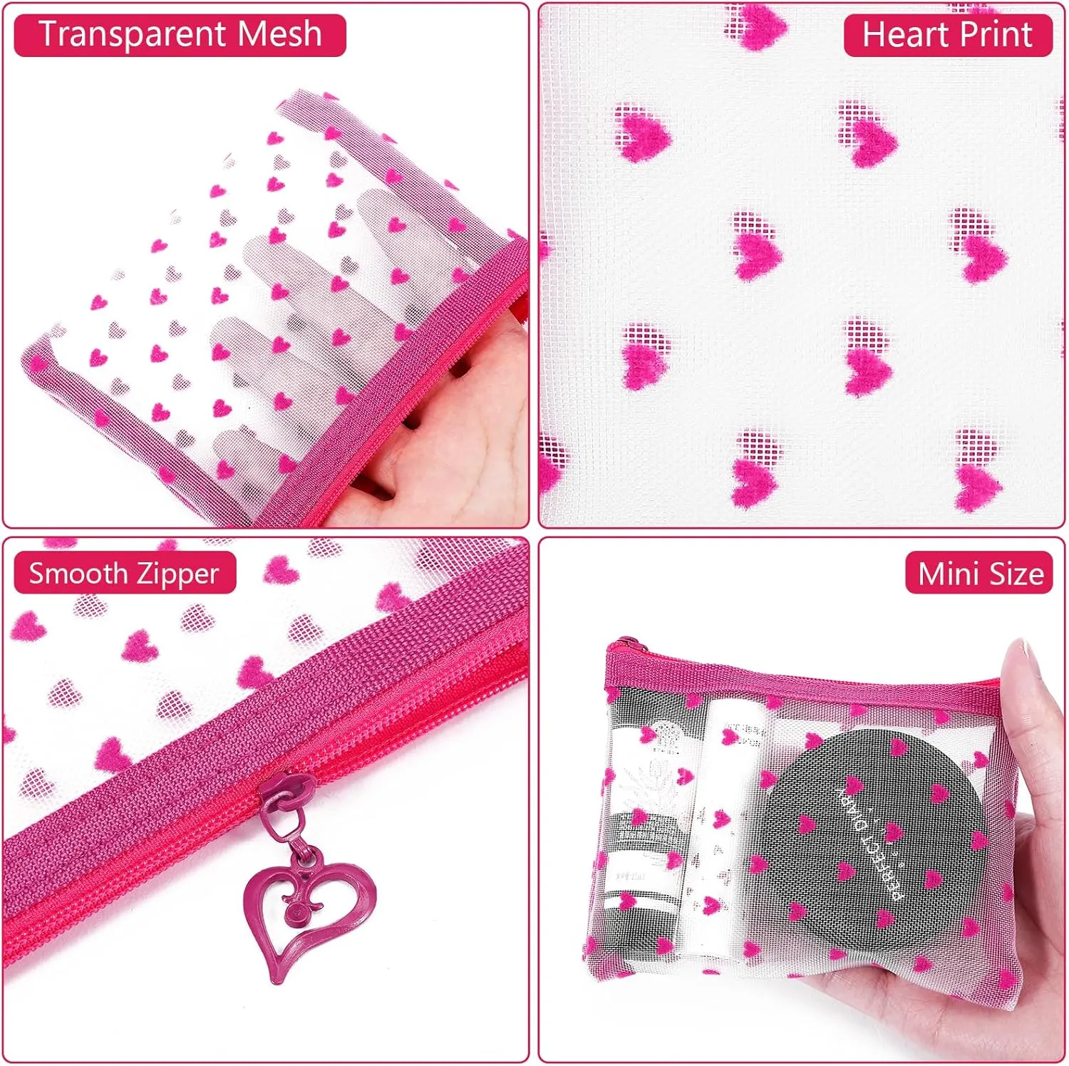 6 Pack Mini Zipper Mesh Makeup Bags, Heart Print Nylon Cosmetic Bags Toiletry Bags for Office Travel Organization (Hot Pink, S)