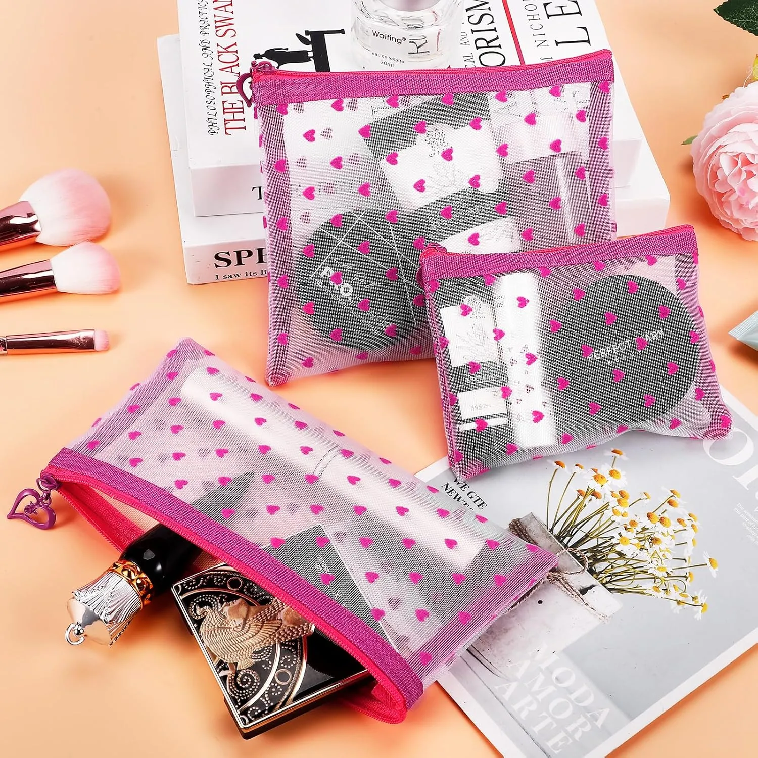 6 Pack Mini Zipper Mesh Makeup Bags, Heart Print Nylon Cosmetic Bags Toiletry Bags for Office Travel Organization (Hot Pink, S)