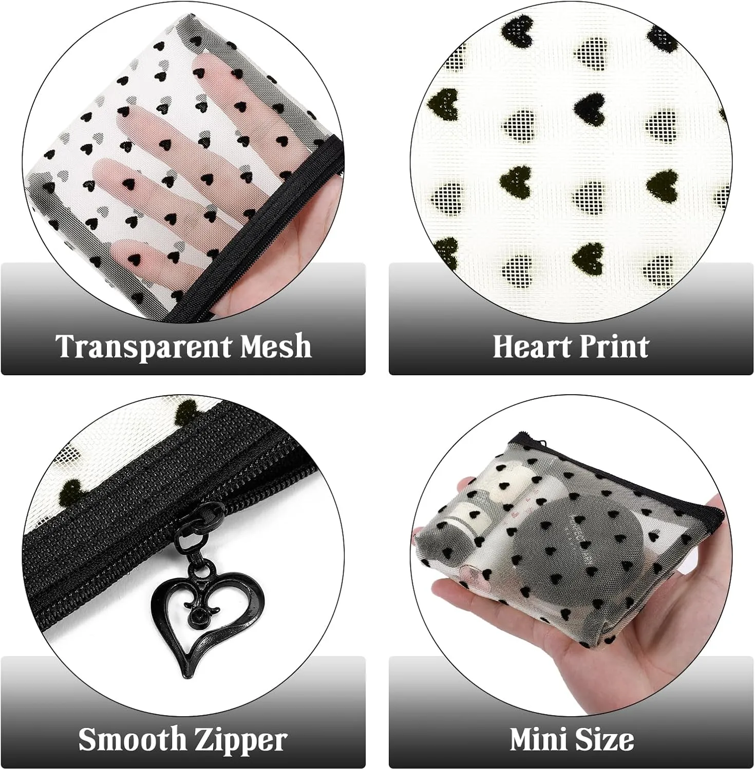6 Pack Mini Zipper Mesh Makeup Bags, Heart Print Nylon Cosmetic Bags Toiletry Bags for Office Travel Organization (Widened-Beige, S)