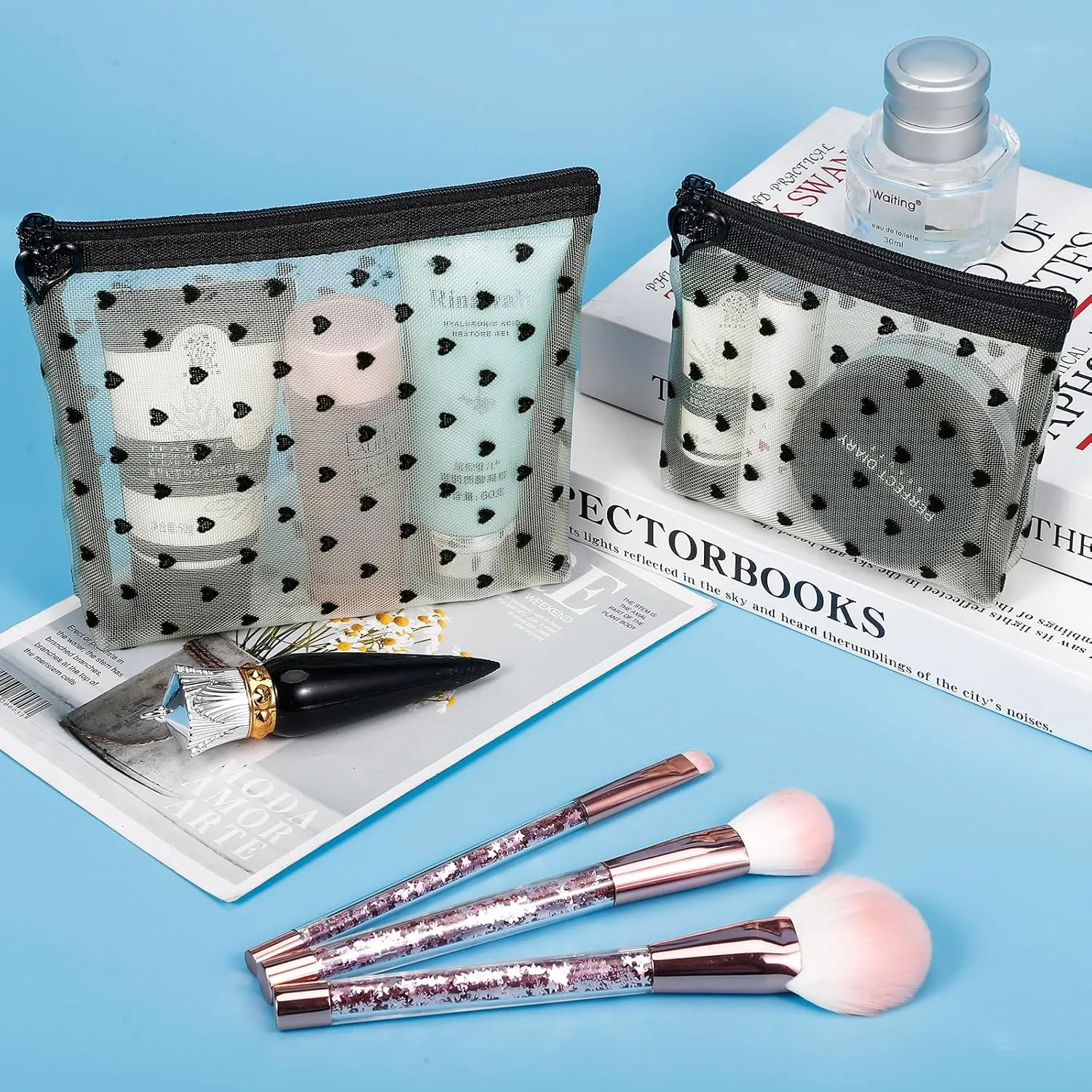 6 Pack Mini Zipper Mesh Makeup Bags, Heart Print Nylon Cosmetic Bags Toiletry Bags for Office Travel Organization (Widened-Beige, S)