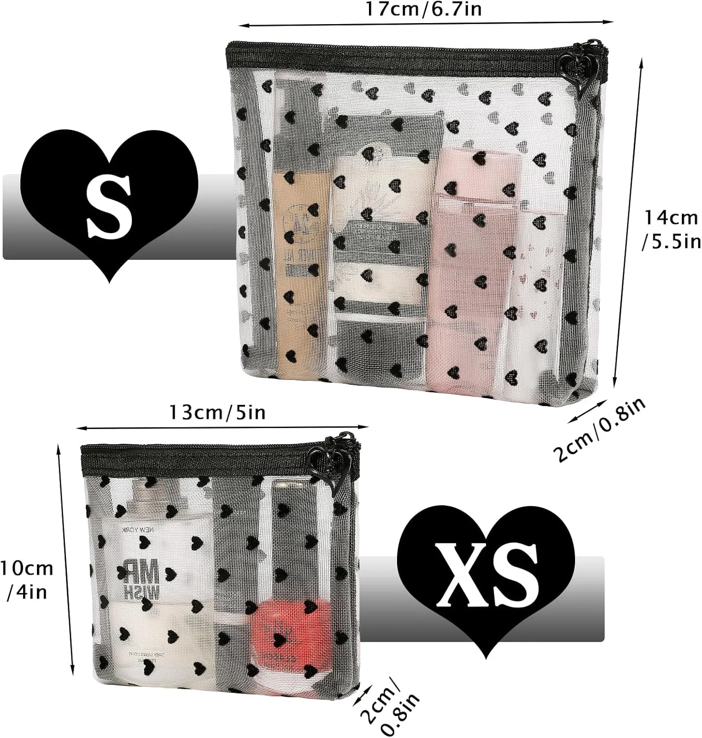 6 Pack Mini Zipper Mesh Makeup Bags, Heart Print Nylon Cosmetic Bags Toiletry Bags for Office Travel Organization (Widened-Beige, S)