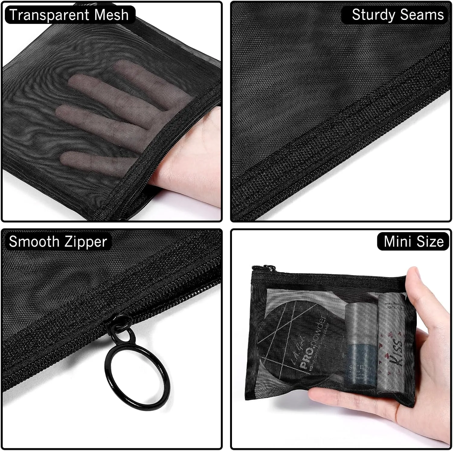 8 Pack Mini Zipper Mesh Makeup Bags, Nylon Cosmetic Bags Toiletry Purse Travel Organizer Bags Inside Bag for Office Travel Organization (Black, XS)