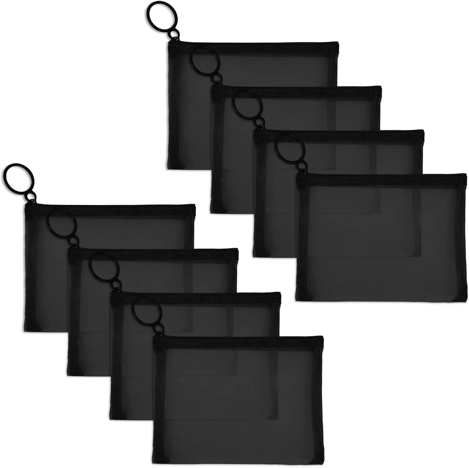 8 Pack Mini Zipper Mesh Makeup Bags, Nylon Cosmetic Bags Toiletry Purse Travel Organizer Bags Inside Bag for Office Travel Organization (Black, XS)