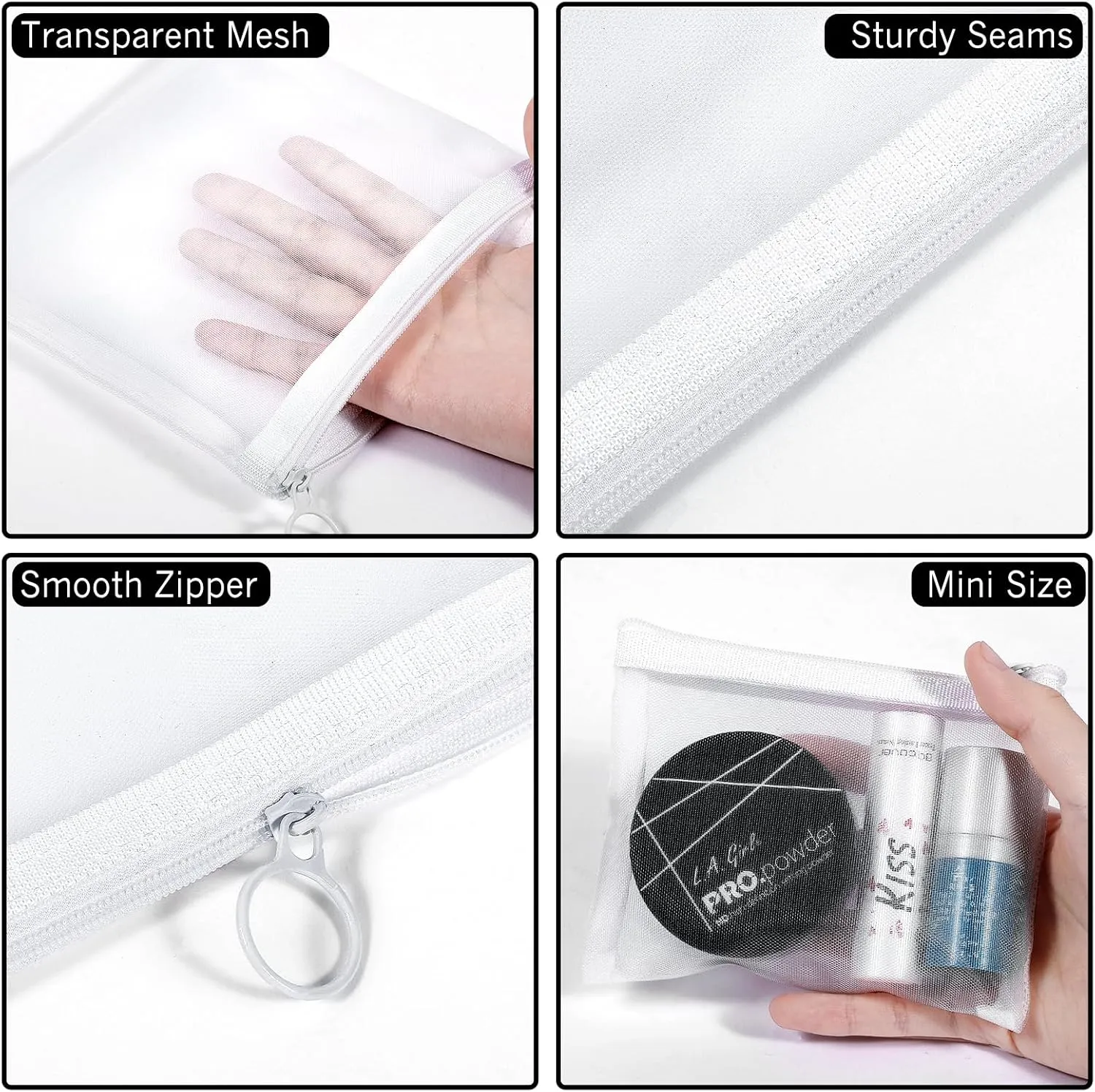 8 Pack Mini Zipper Mesh Makeup Bags, Nylon Cosmetic Bags Toiletry Purse Travel Organizer Bags Inside Bag for Office Travel Organization (White, XS)