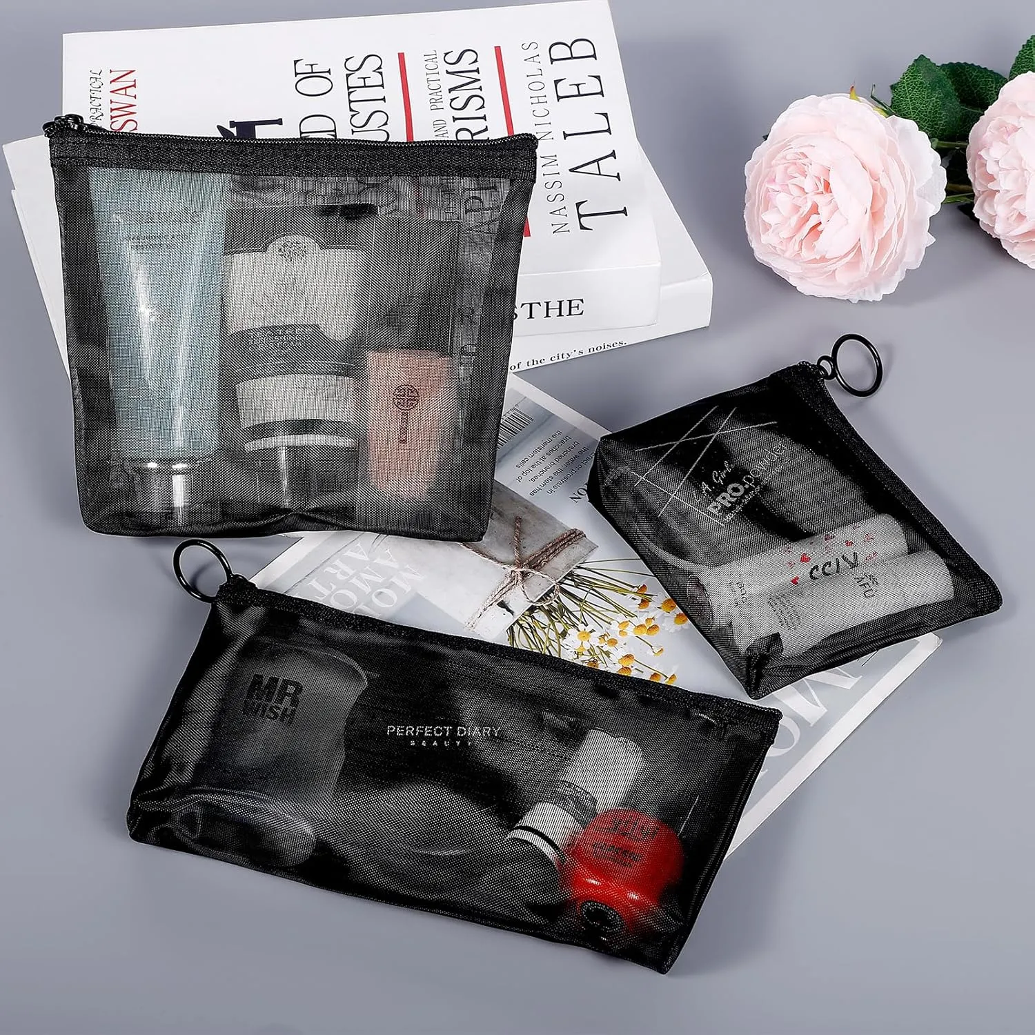 8 Pack Mini Zipper Mesh Makeup Bags, Nylon Cosmetic Bags Toiletry Purse Travel Organizer Bags Inside Bag for Office Travel Organization (Widened-Black, S)