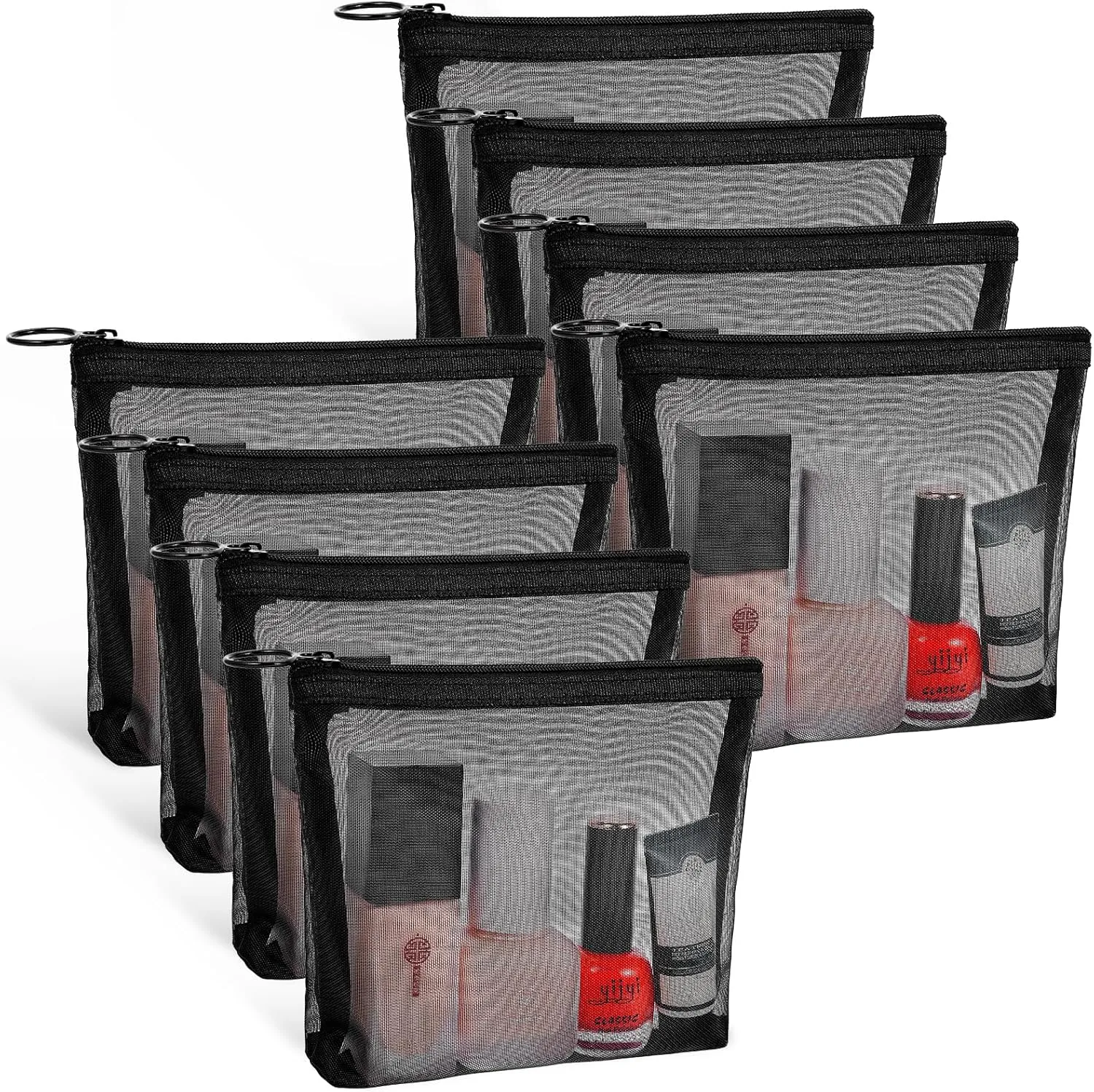 8 Pack Mini Zipper Mesh Makeup Bags, Nylon Cosmetic Bags Toiletry Purse Travel Organizer Bags Inside Bag for Office Travel Organization (Widened-Black, S)