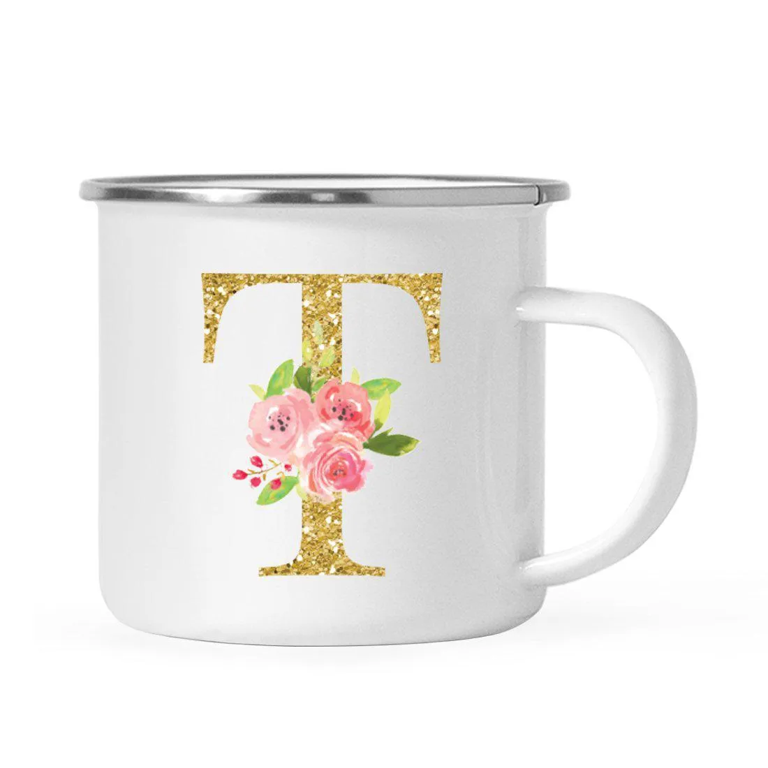 Andaz Press 11oz Pink Roses Faux Gold Glitter Monogram Campfire Coffee Mug