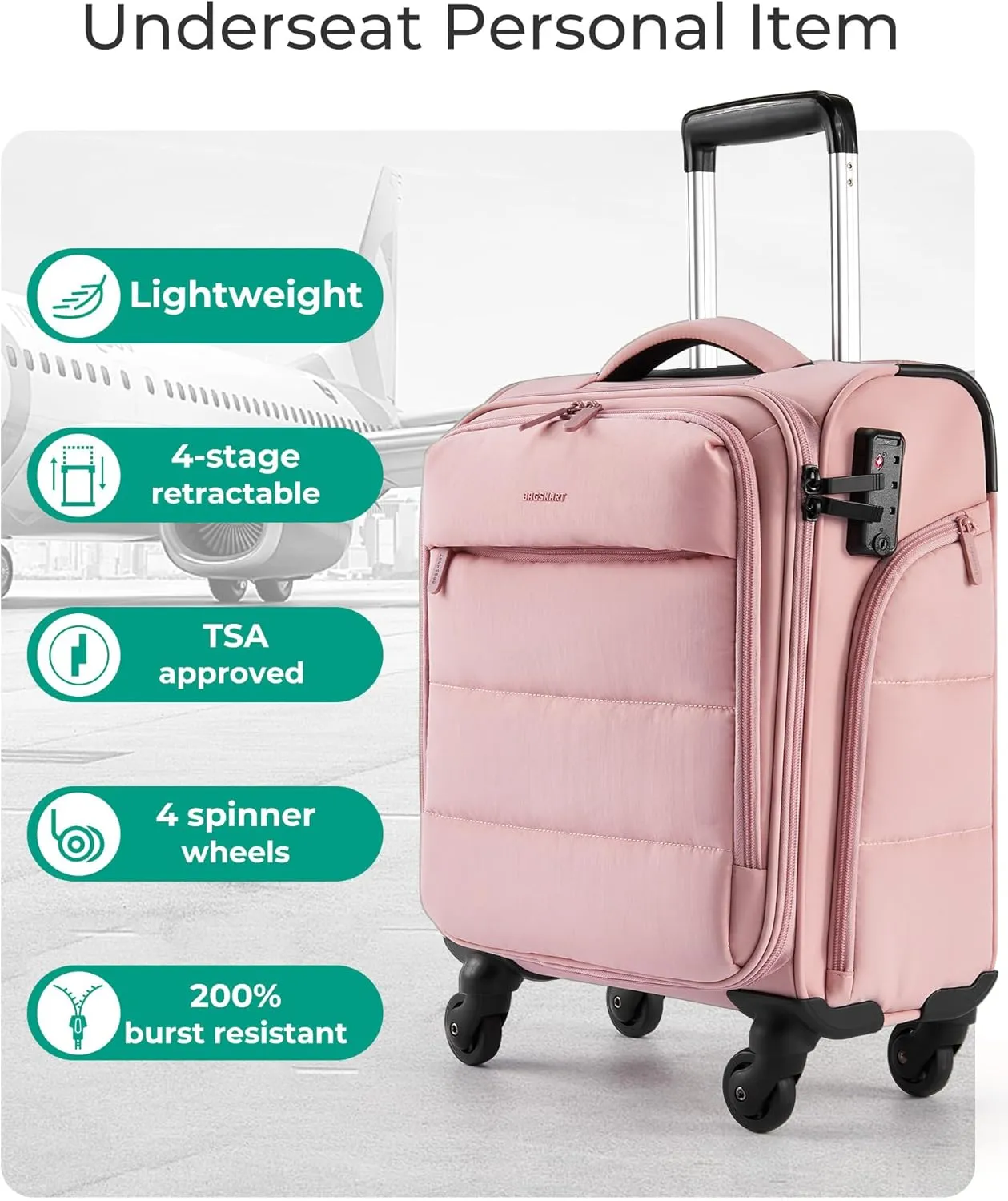 BAGSMART Underseat Carry on Luggage with Wheels, Soft Underseat Travel Luggage with PVC Wet/Dry Pockets, Lightweight Soft Personal Item Suitcase for Short Trip, Sakura Pink