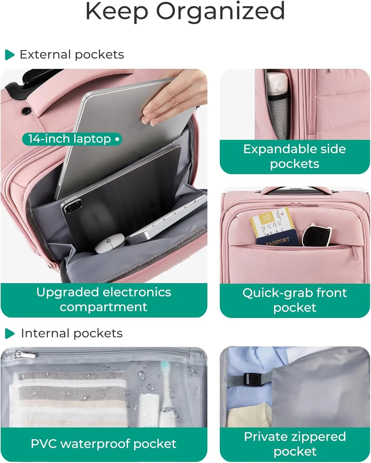 BAGSMART Underseat Carry on Luggage with Wheels, Soft Underseat Travel Luggage with PVC Wet/Dry Pockets, Lightweight Soft Personal Item Suitcase for Short Trip, Sakura Pink