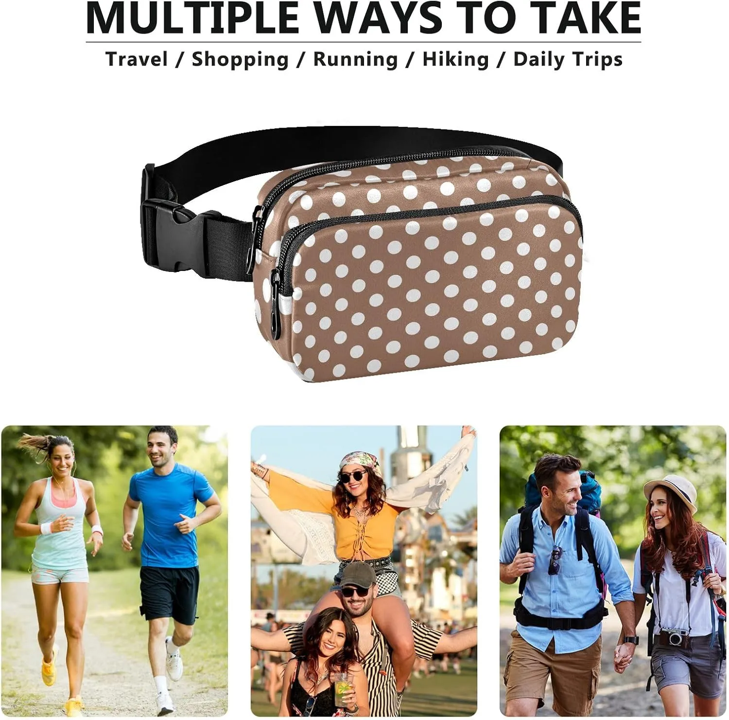 Belt Bag White Brown Retro Polka Dot Crossbody Bags Waist Packs Waterproof Crossbody Bags for Women