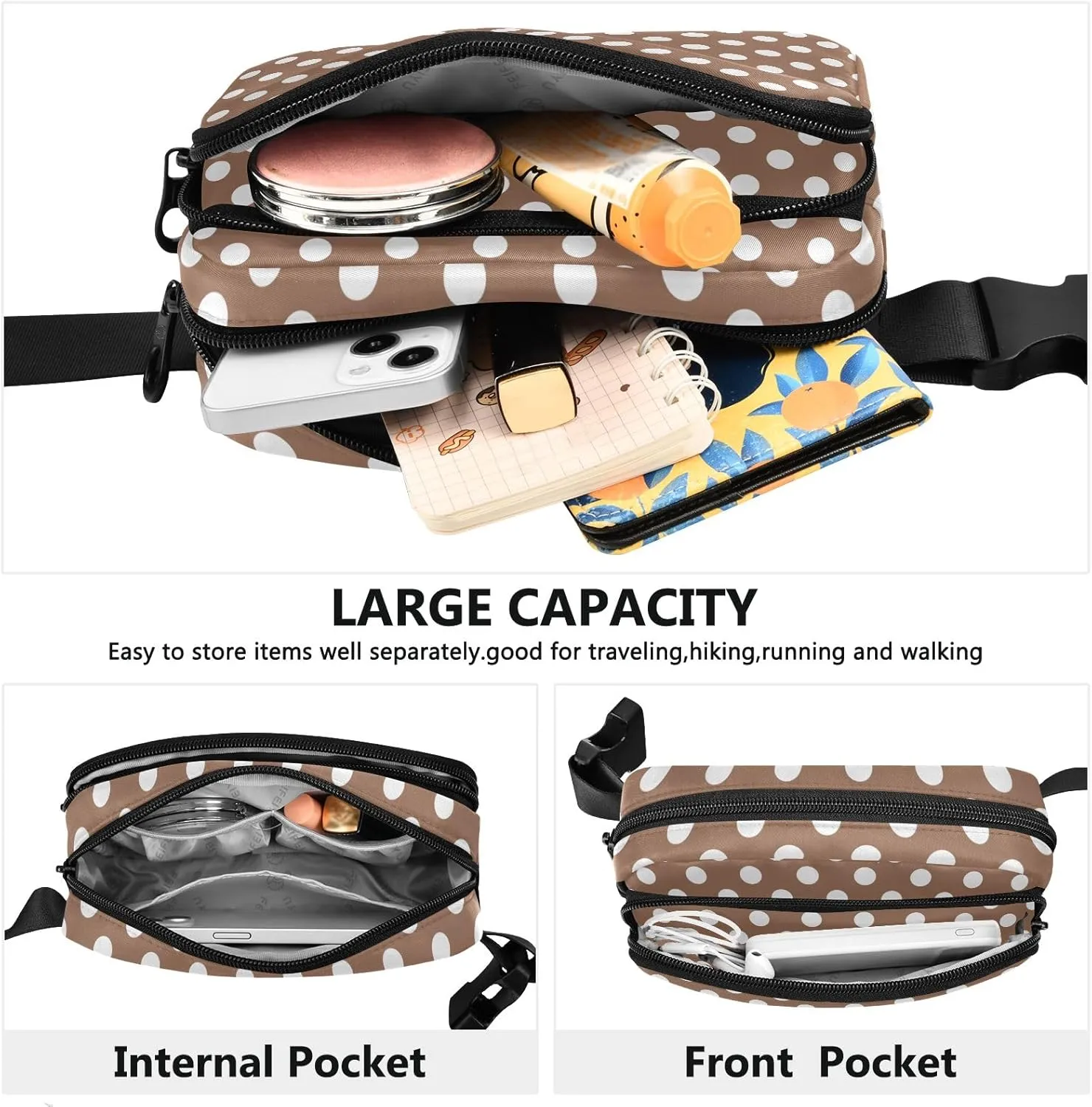 Belt Bag White Brown Retro Polka Dot Crossbody Bags Waist Packs Waterproof Crossbody Bags for Women