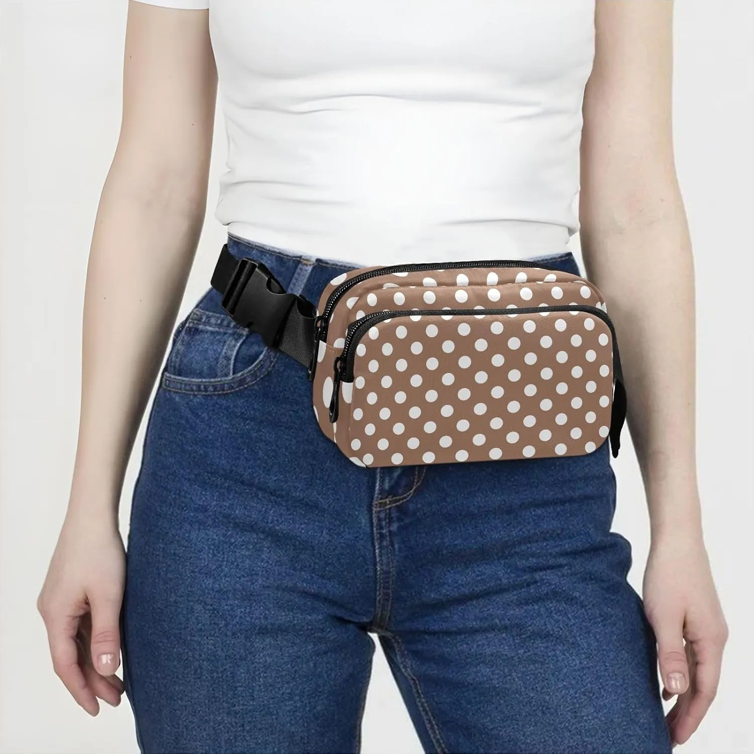 Belt Bag White Brown Retro Polka Dot Crossbody Bags Waist Packs Waterproof Crossbody Bags for Women