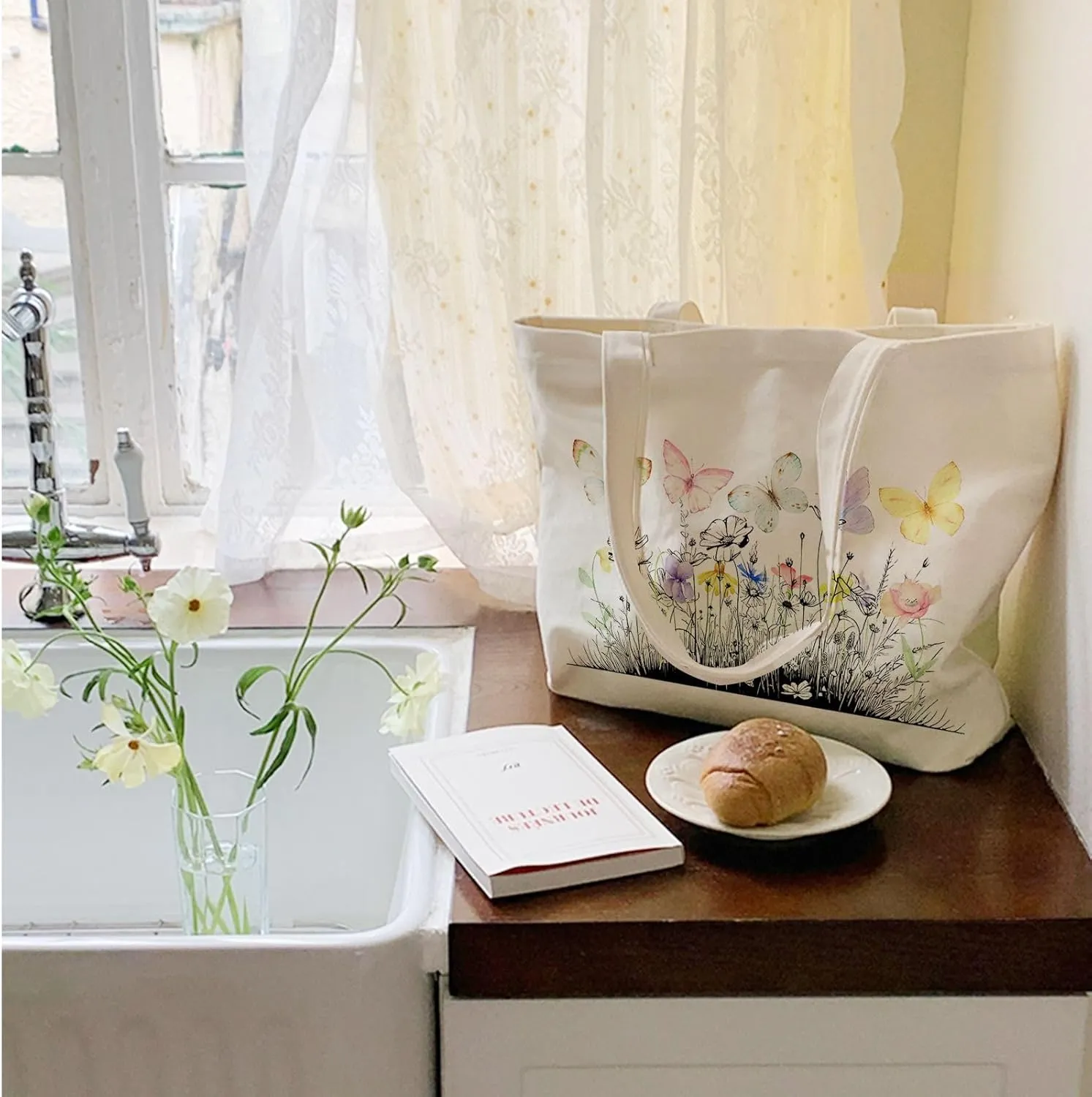 Big Canvas Tote Bag Aesthetic for Women, Flower Reusable Cloth Bags for Shopping Grocery Shoulder Bag