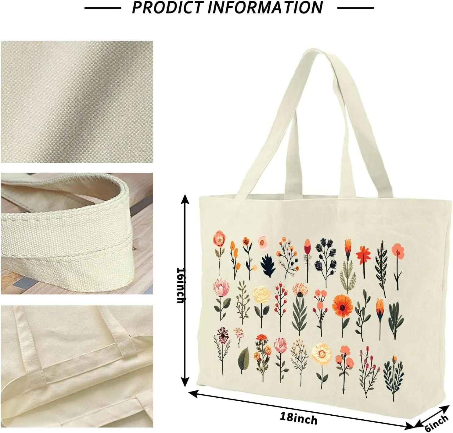 Big Canvas Tote Bag Aesthetic for Women, Flower Reusable Cloth Bags for Shopping Grocery Shoulder Bag