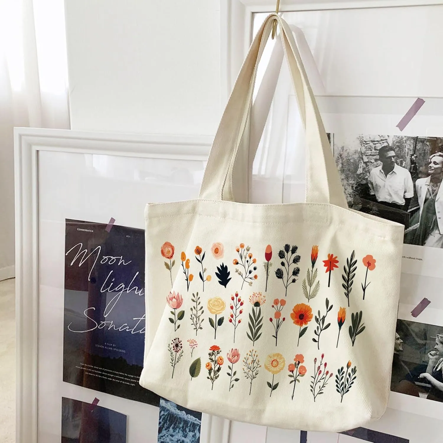 Big Canvas Tote Bag Aesthetic for Women, Flower Reusable Cloth Bags for Shopping Grocery Shoulder Bag