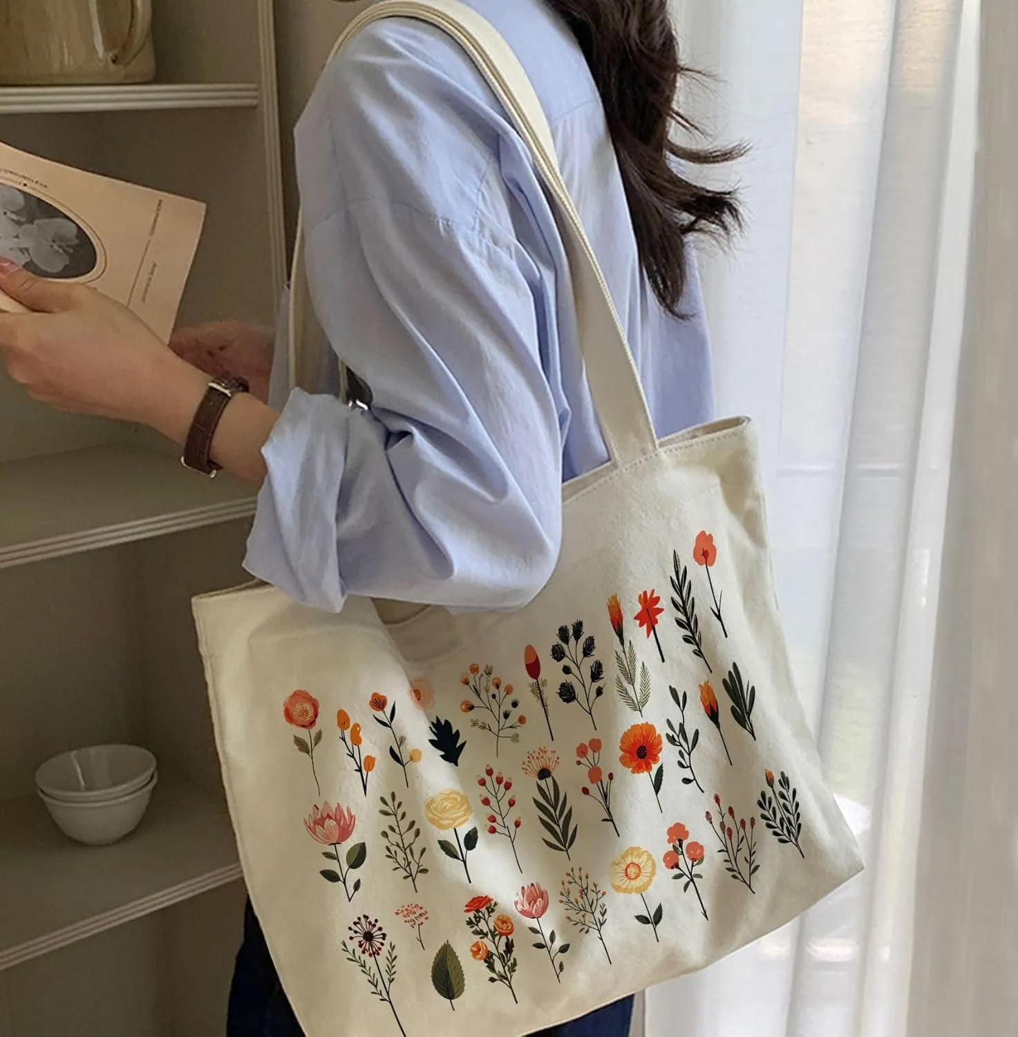 Big Canvas Tote Bag Aesthetic for Women, Flower Reusable Cloth Bags for Shopping Grocery Shoulder Bag