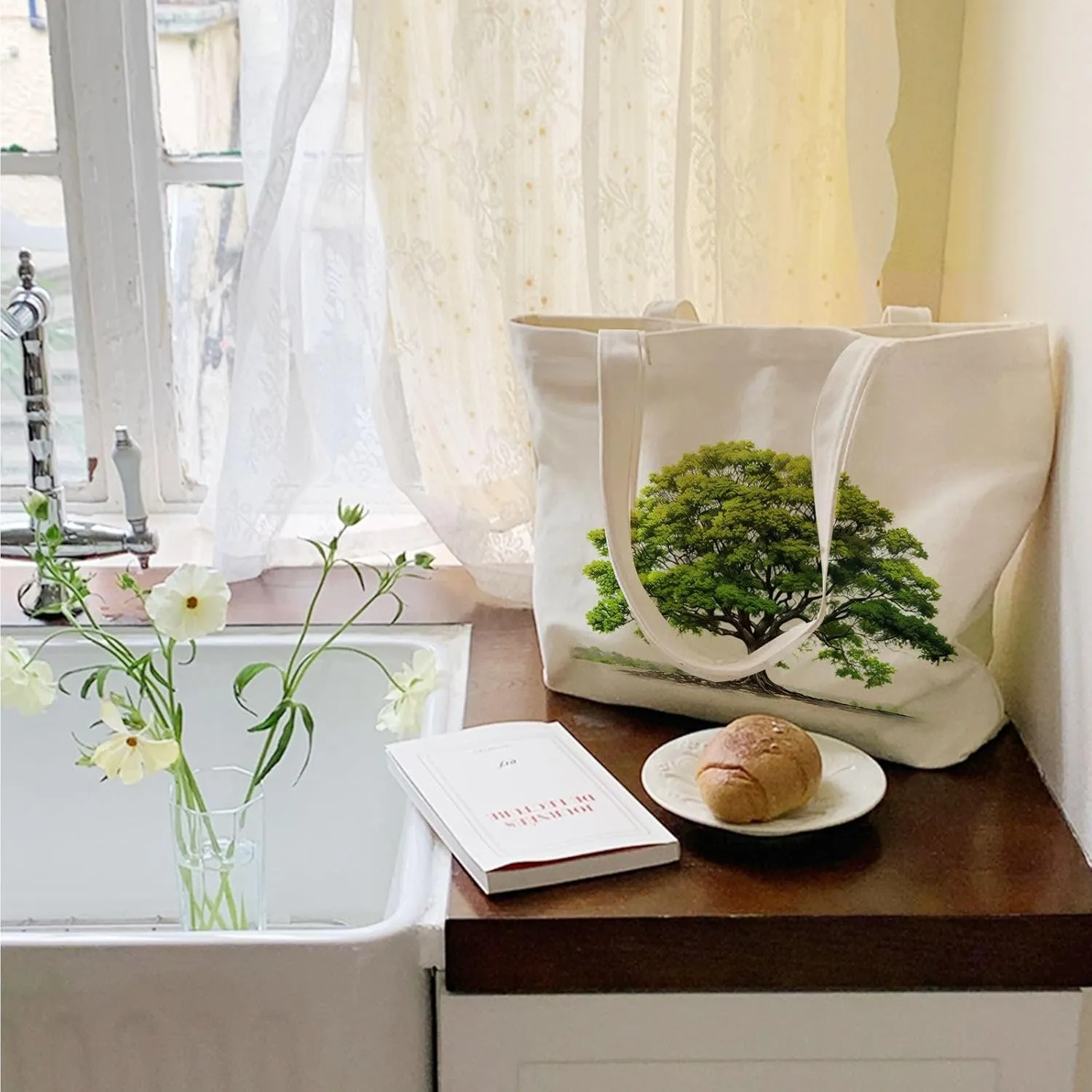 Big Canvas Tote Bag Aesthetic for Women, Flower Reusable Cloth Bags for Shopping Grocery Shoulder Bag