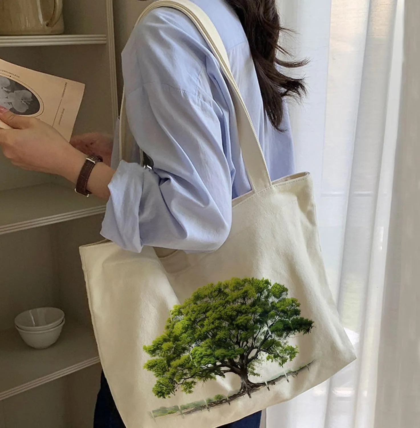 Big Canvas Tote Bag Aesthetic for Women, Flower Reusable Cloth Bags for Shopping Grocery Shoulder Bag