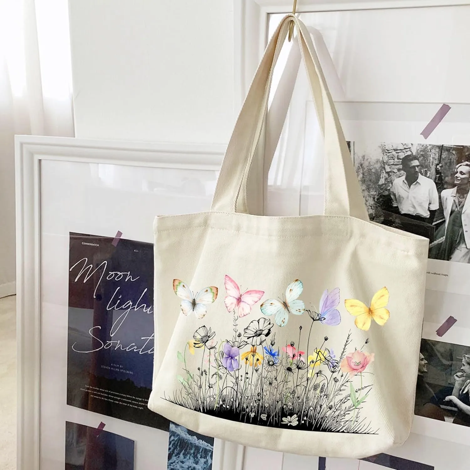 Big Canvas Tote Bag Aesthetic for Women, Flower Reusable Cloth Bags for Shopping Grocery Shoulder Bag