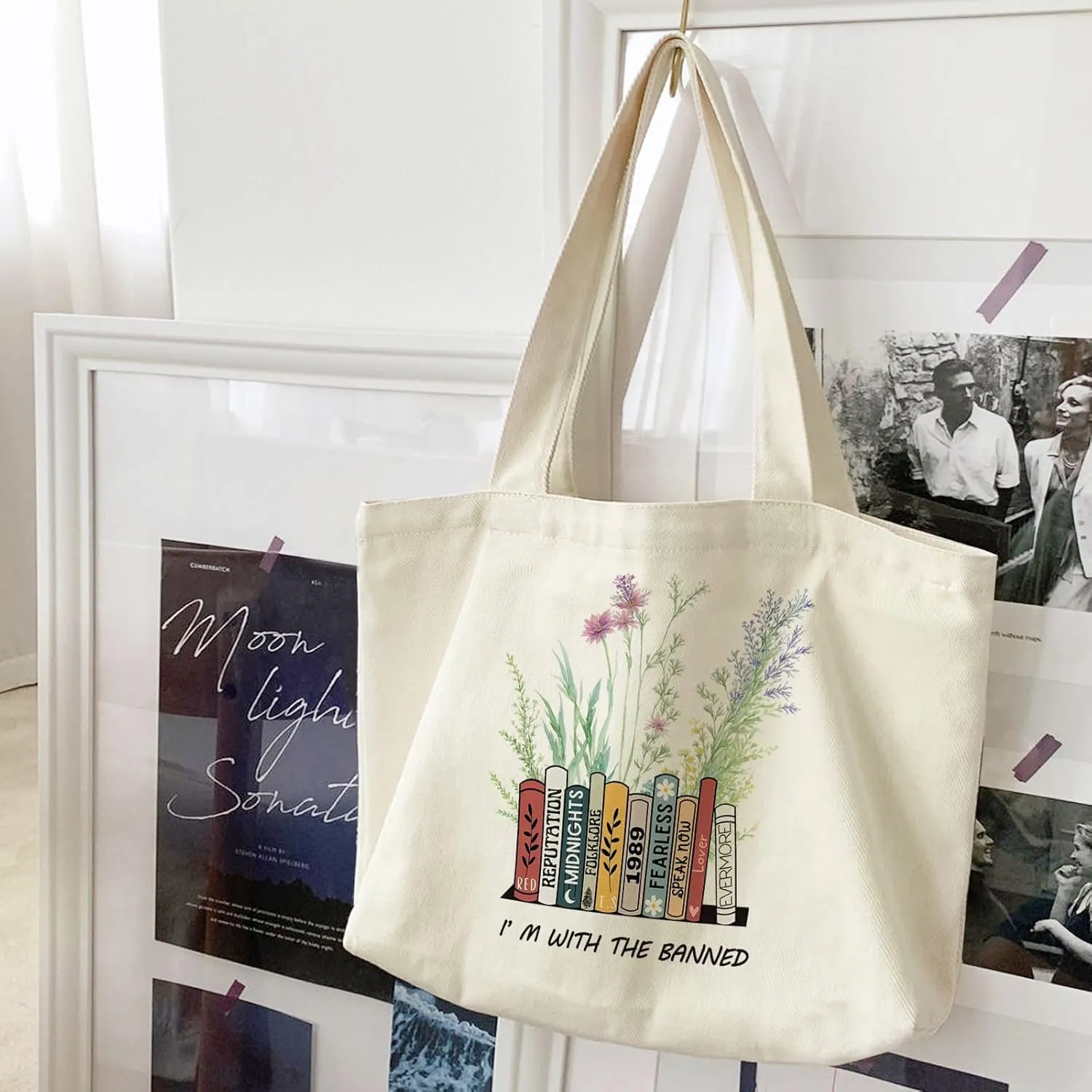 Big Canvas Tote Bag Aesthetic for Women, Flower Reusable Cloth Bags for Shopping Grocery Shoulder Bag