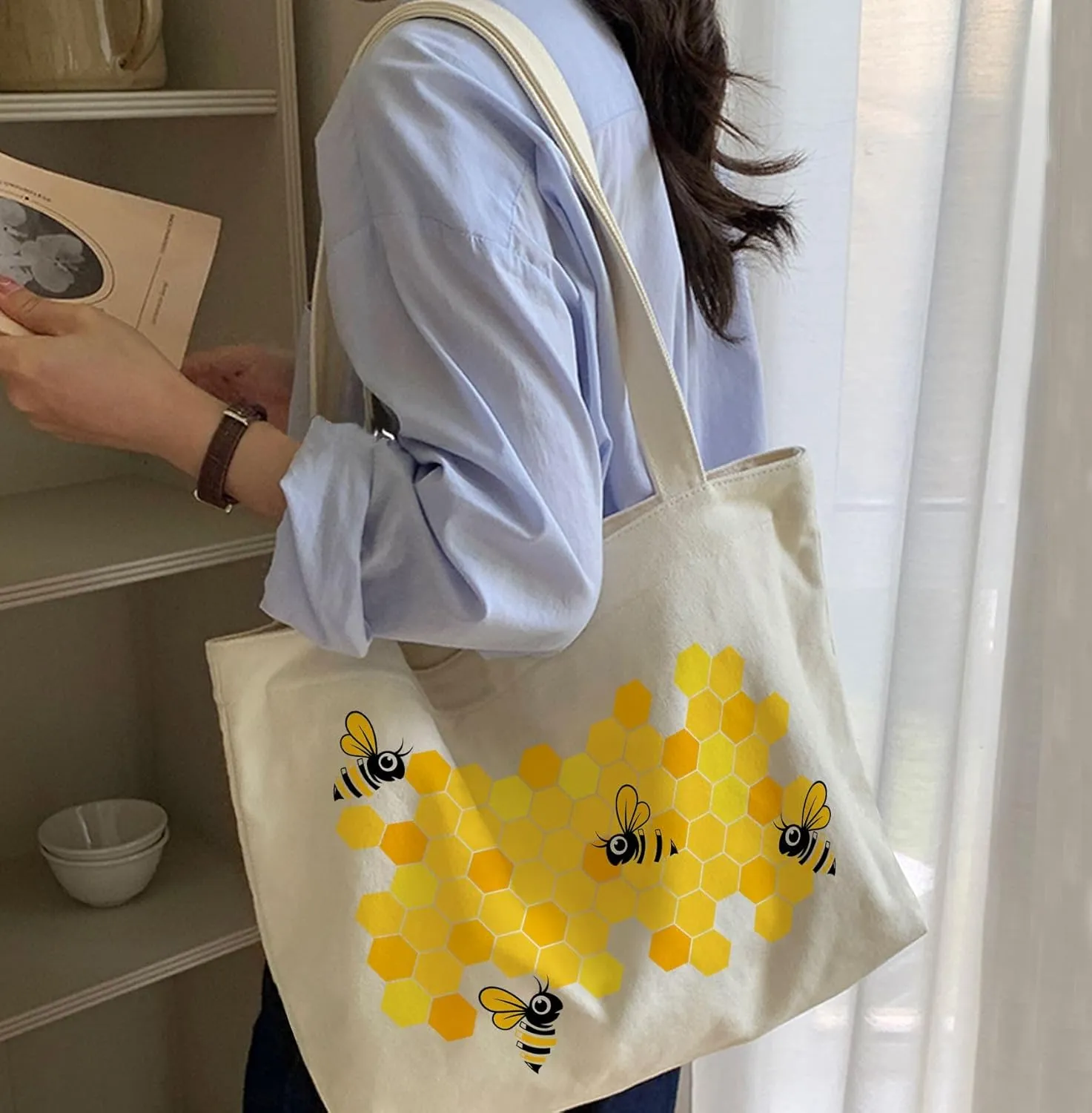 Big Canvas Tote Bag Aesthetic for Women, Flower Reusable Cloth Bags for Shopping Grocery Shoulder Bag