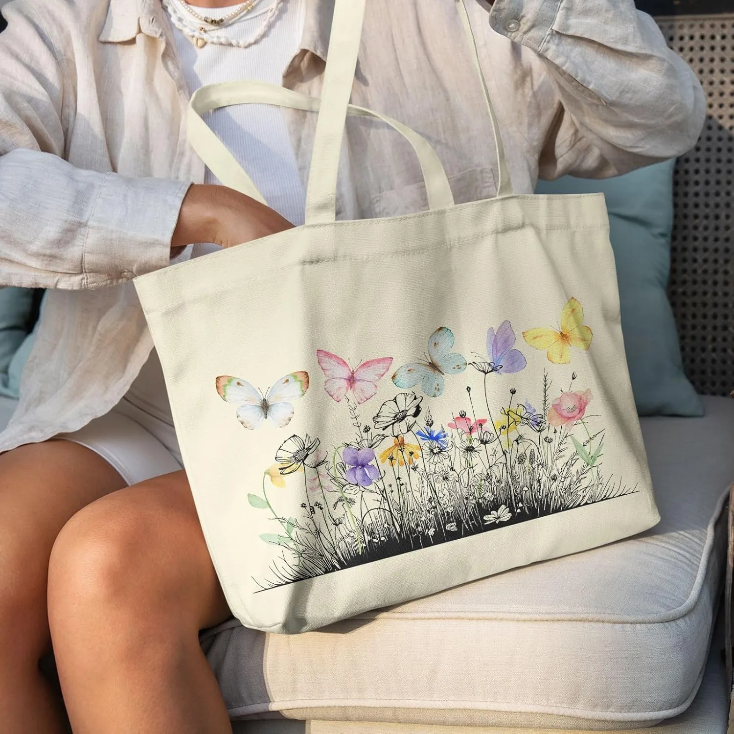 Big Canvas Tote Bag Aesthetic for Women, Flower Reusable Cloth Bags for Shopping Grocery Shoulder Bag