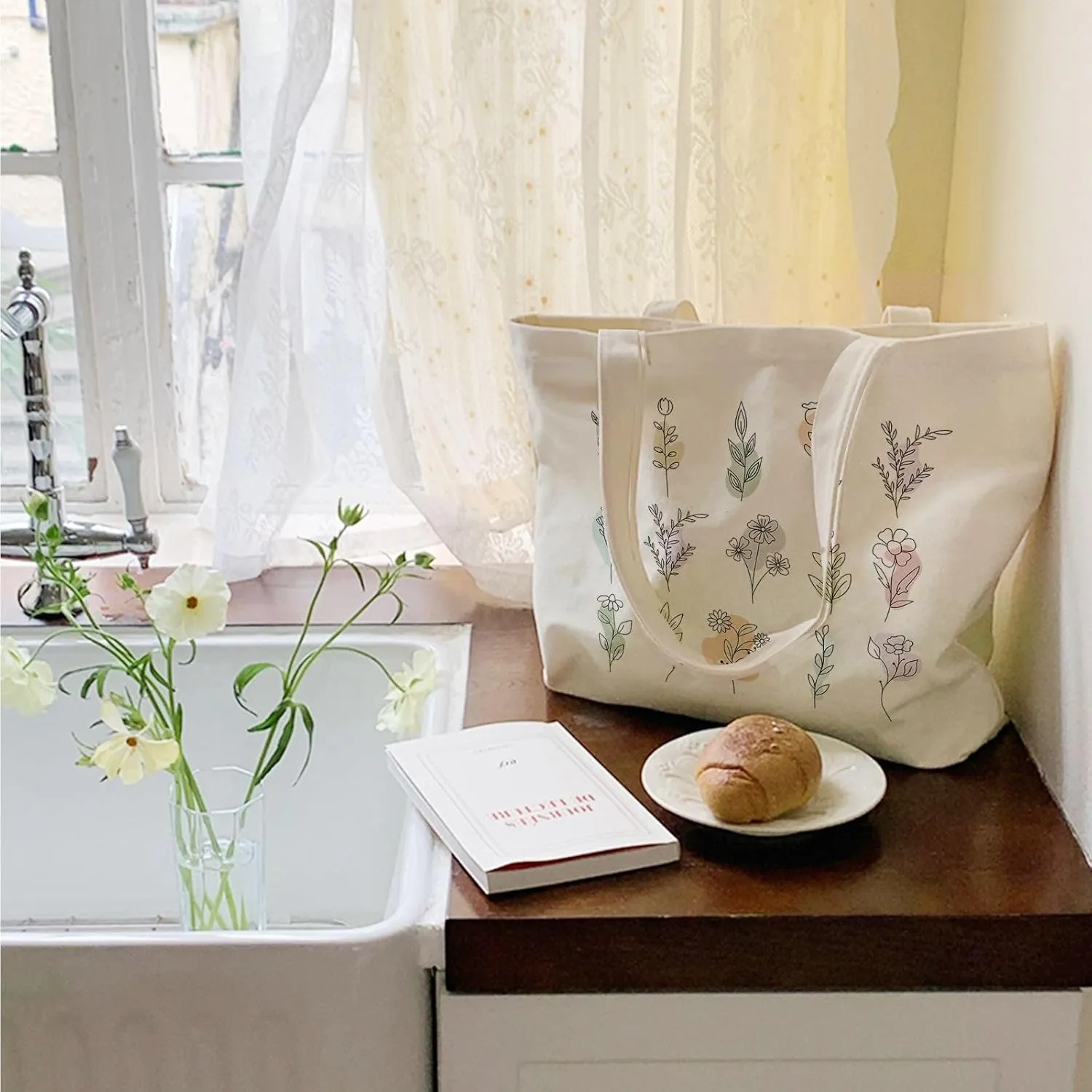 Big Canvas Tote Bag Aesthetic for Women, Flower Reusable Cloth Bags for Shopping Grocery Shoulder Bag