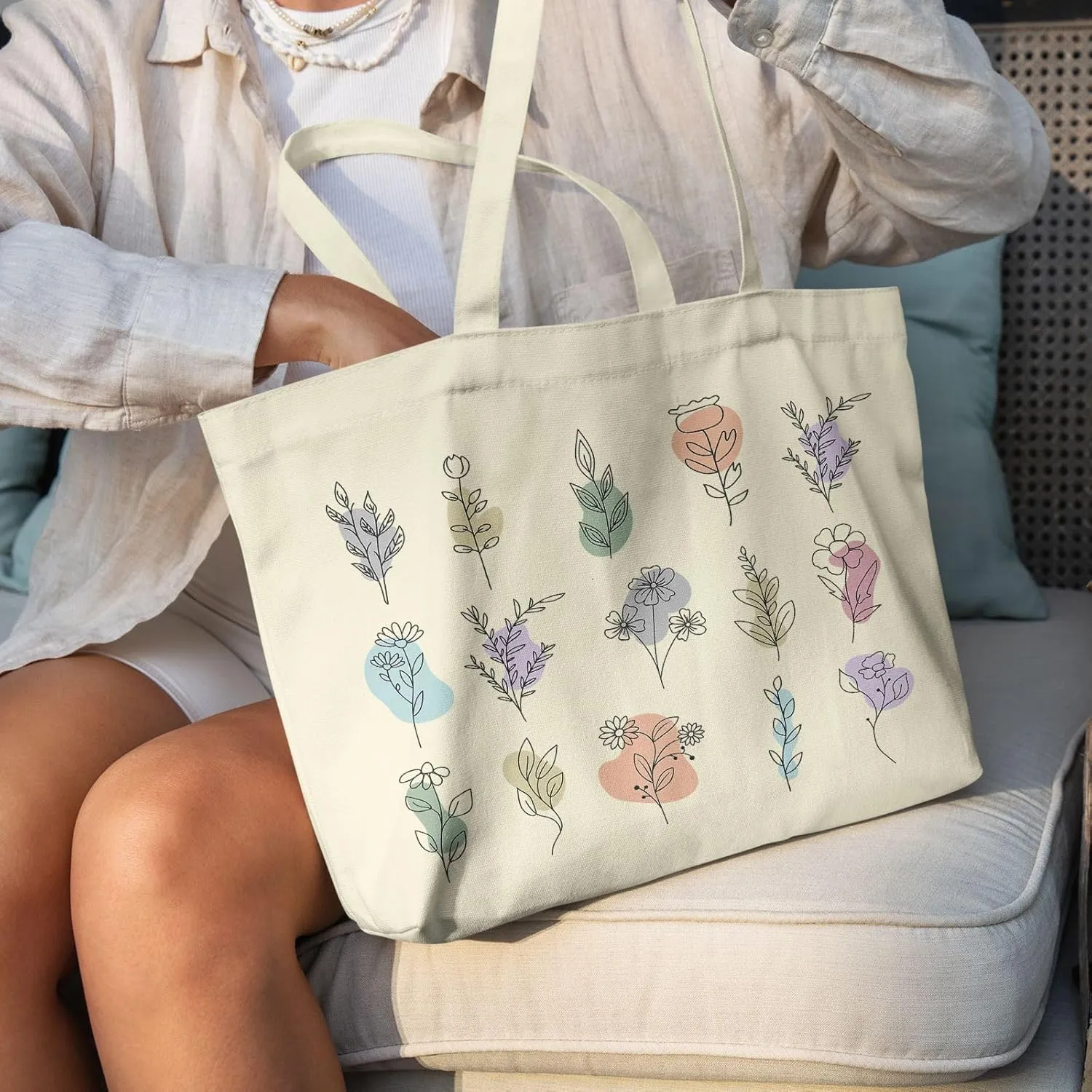 Big Canvas Tote Bag Aesthetic for Women, Flower Reusable Cloth Bags for Shopping Grocery Shoulder Bag