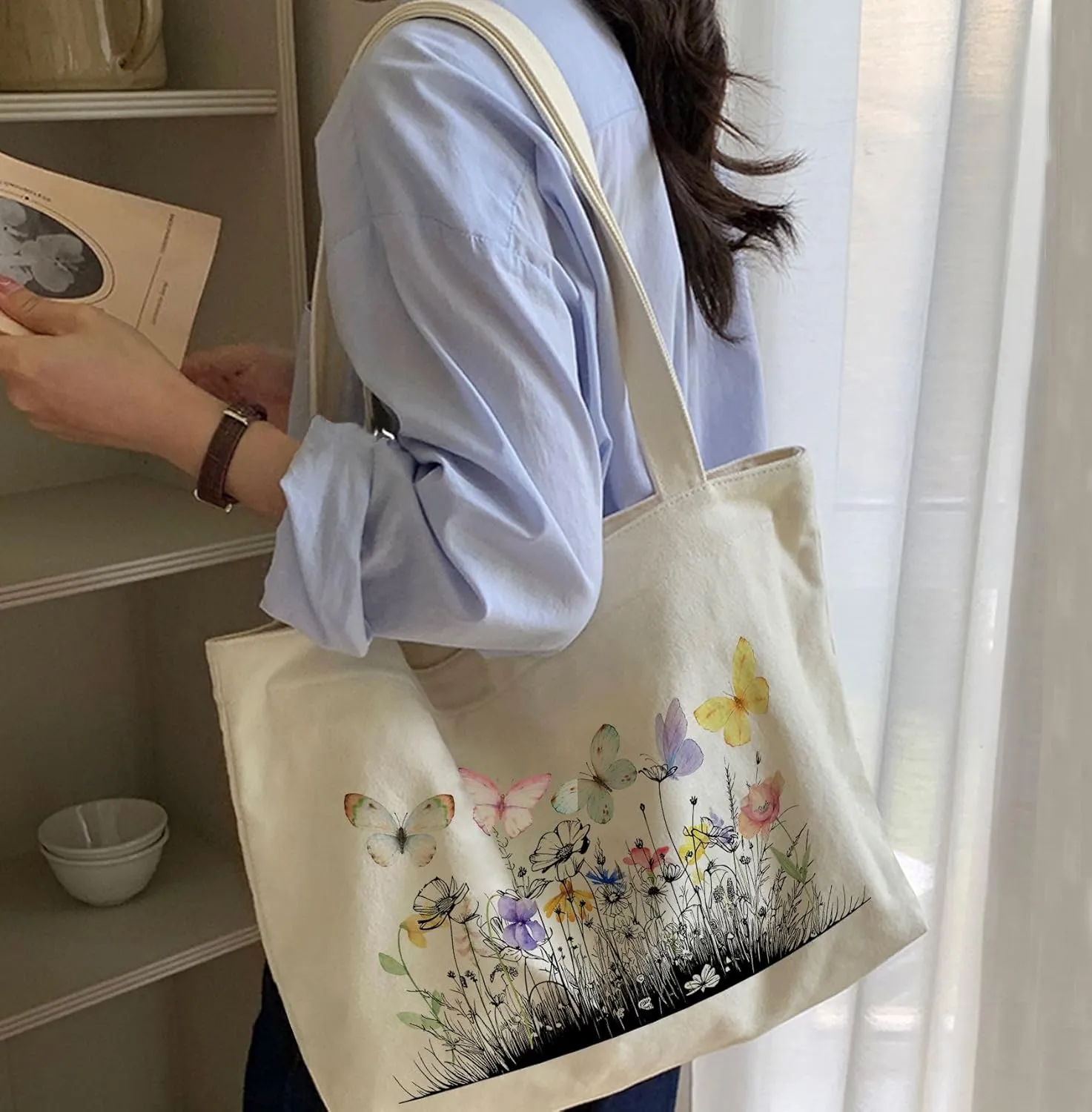 Big Canvas Tote Bag Aesthetic for Women, Flower Reusable Cloth Bags for Shopping Grocery Shoulder Bag