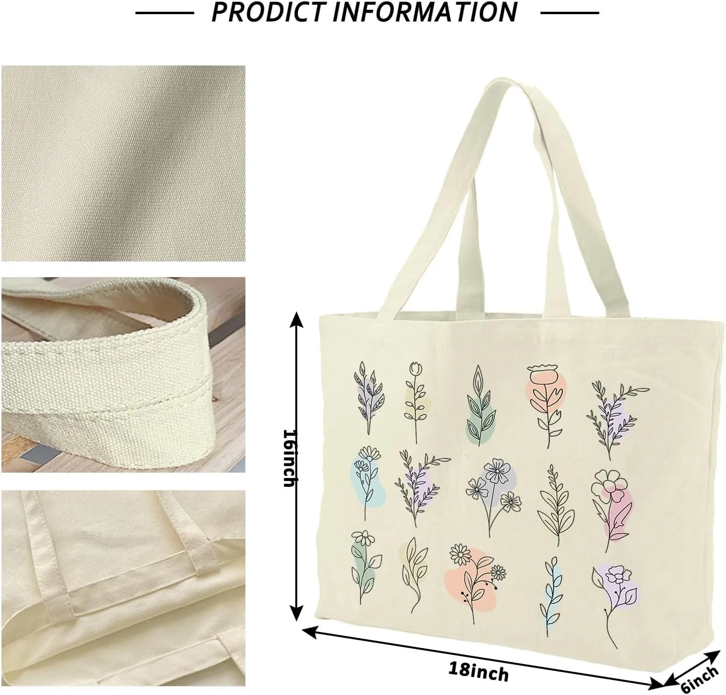Big Canvas Tote Bag Aesthetic for Women, Flower Reusable Cloth Bags for Shopping Grocery Shoulder Bag