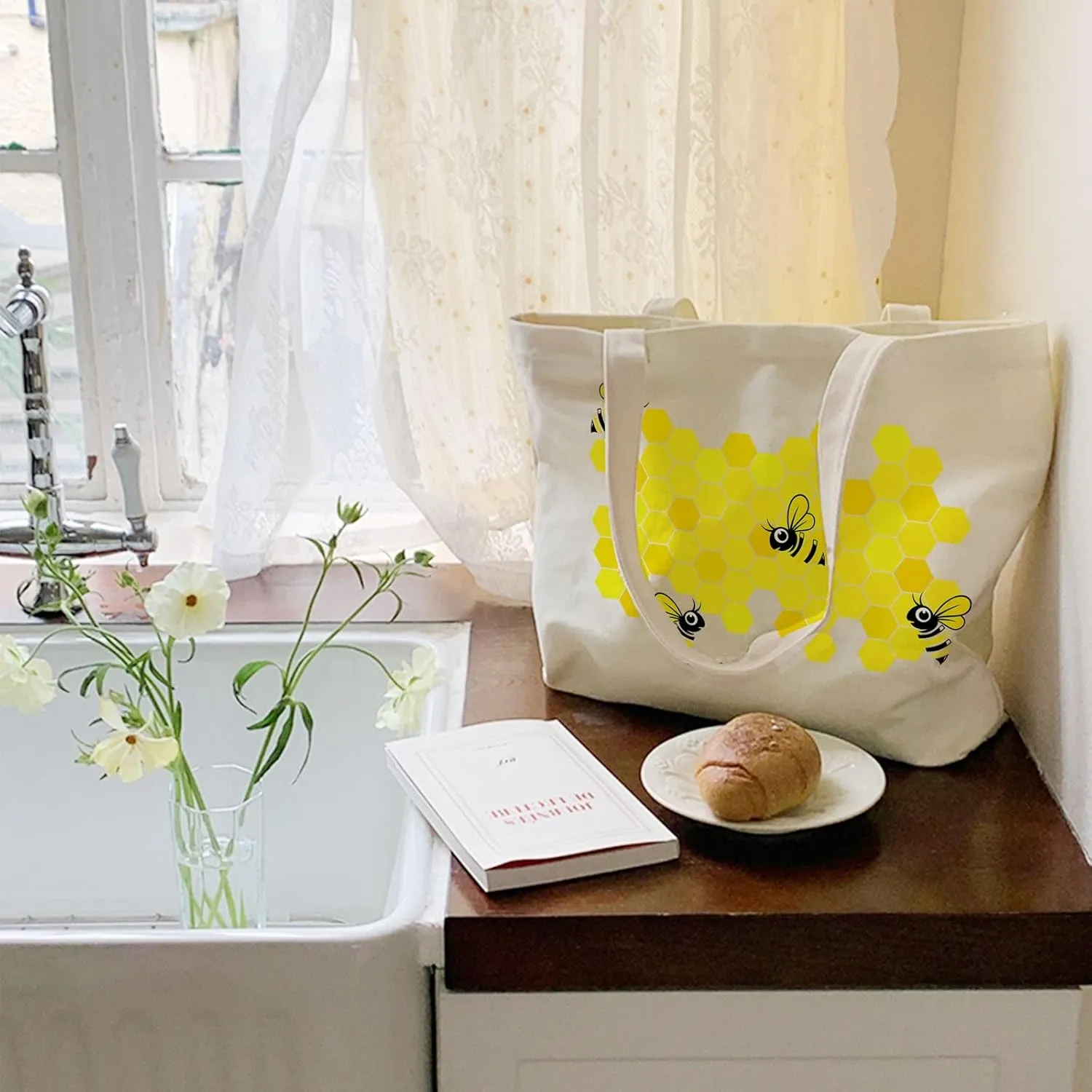 Big Canvas Tote Bag Aesthetic for Women, Flower Reusable Cloth Bags for Shopping Grocery Shoulder Bag