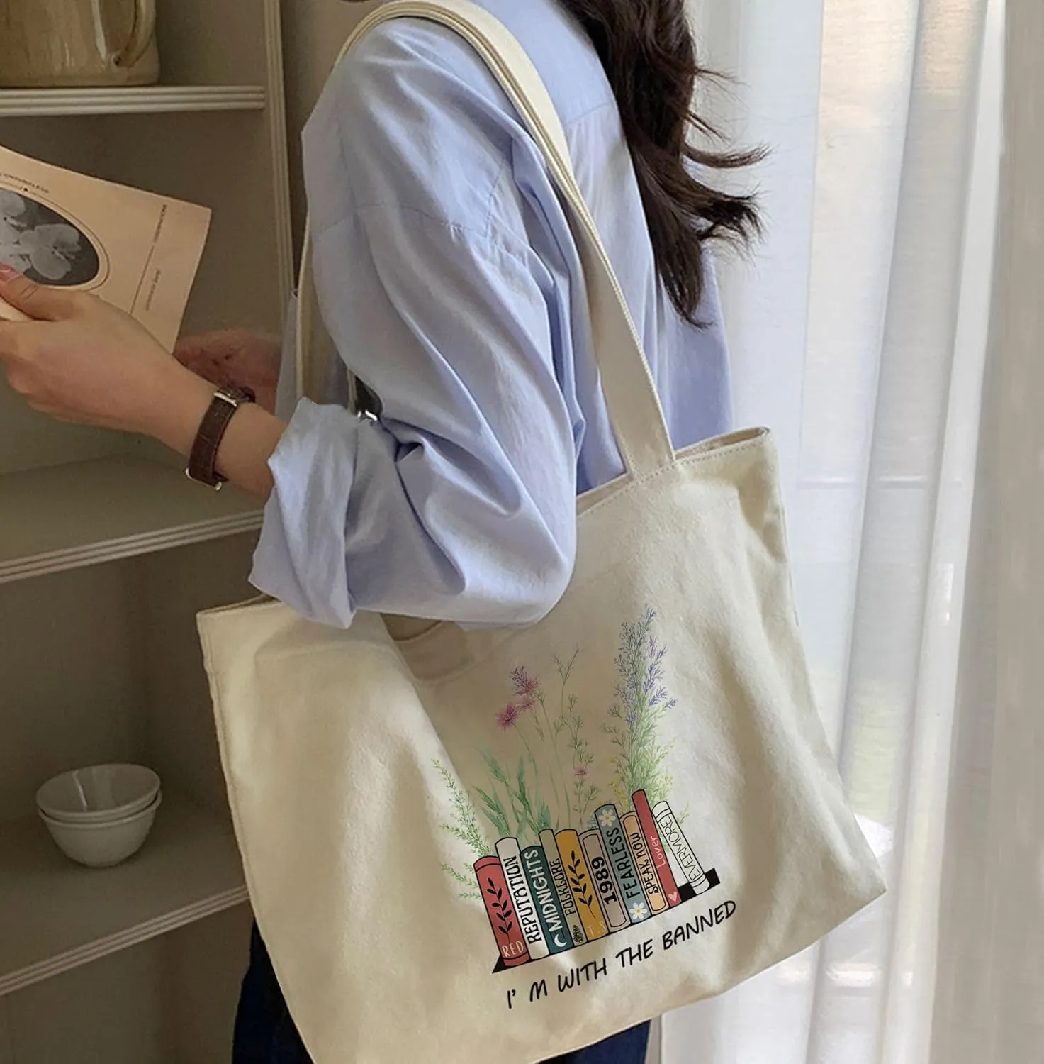 Big Canvas Tote Bag Aesthetic for Women, Flower Reusable Cloth Bags for Shopping Grocery Shoulder Bag