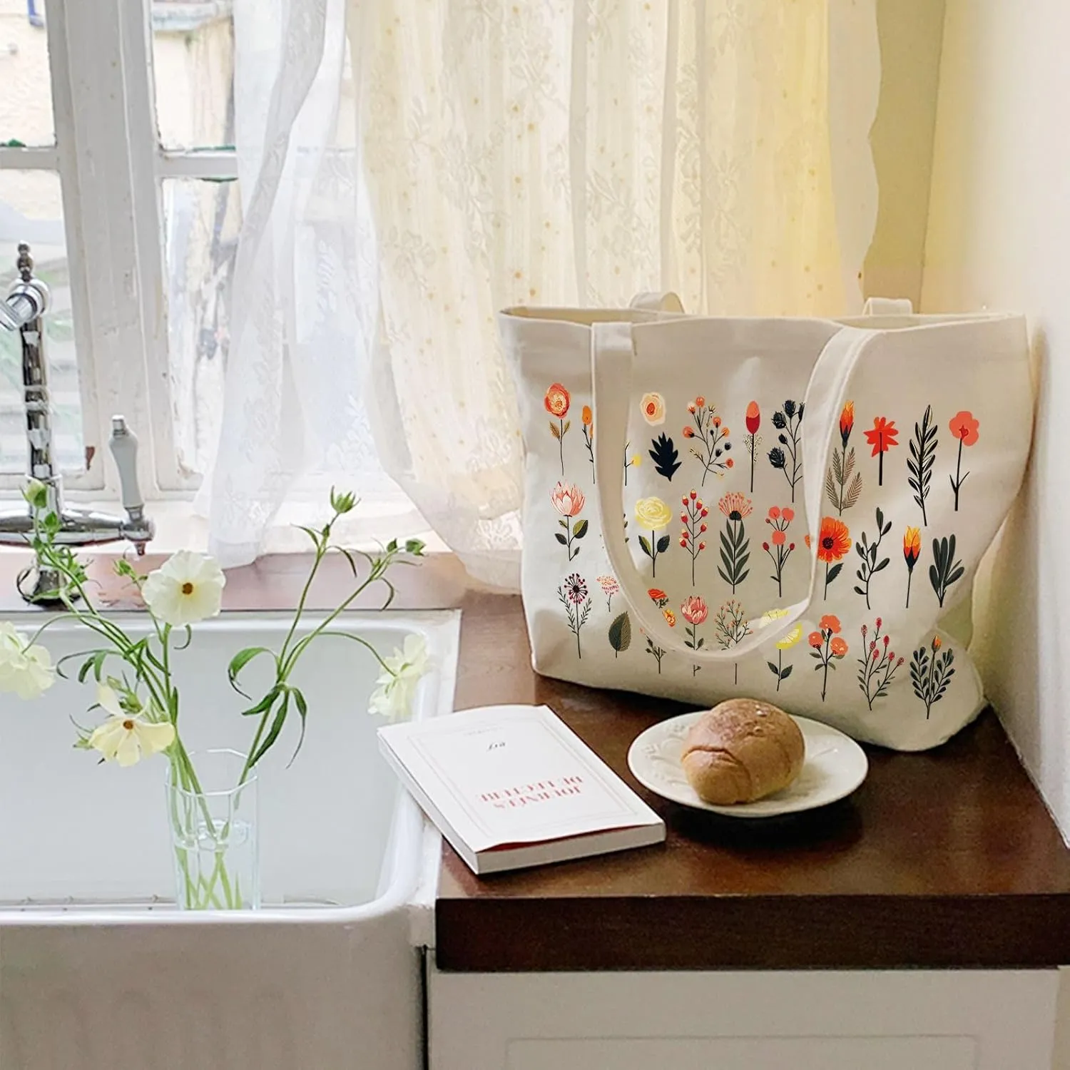 Big Canvas Tote Bag Aesthetic for Women, Flower Reusable Cloth Bags for Shopping Grocery Shoulder Bag
