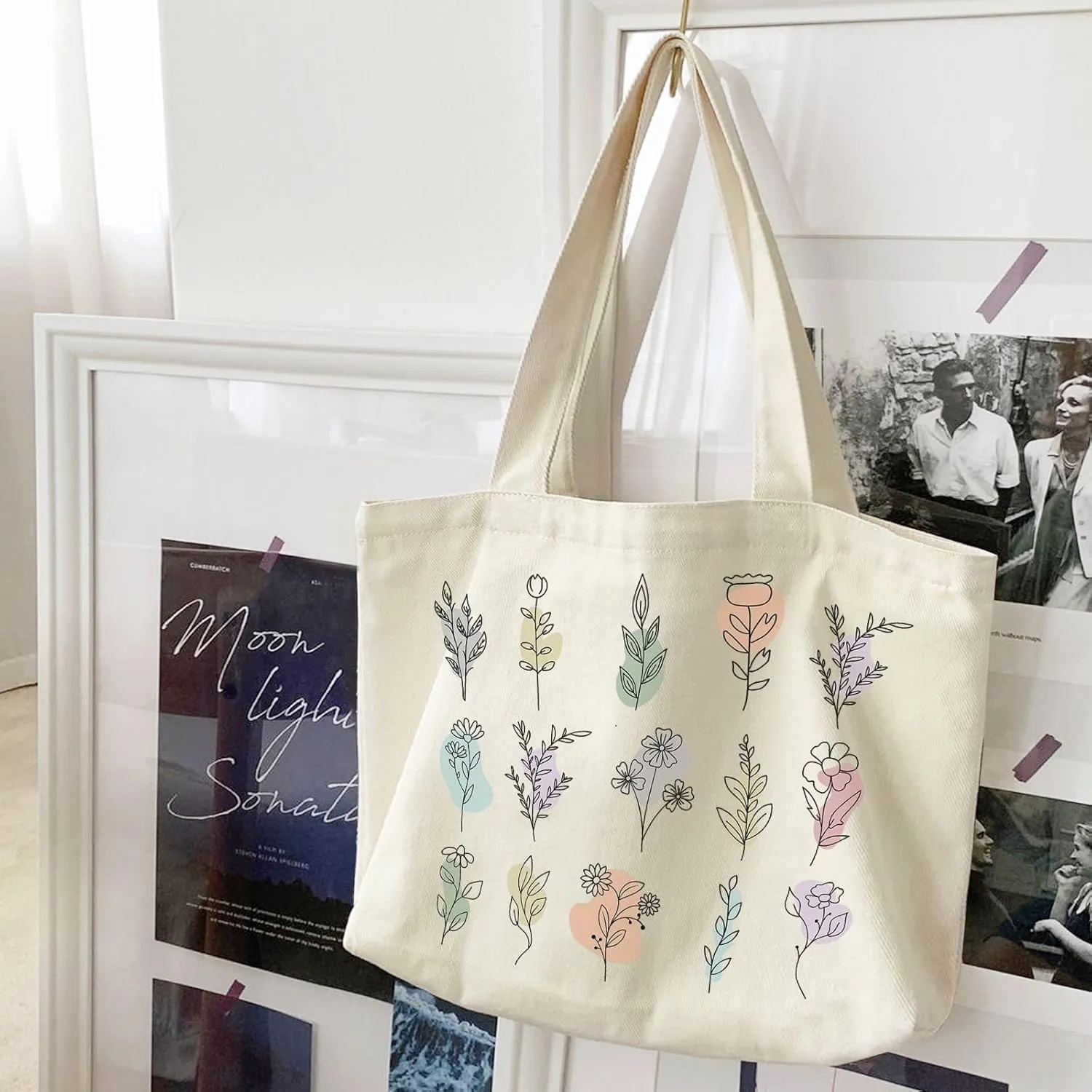 Big Canvas Tote Bag Aesthetic for Women, Flower Reusable Cloth Bags for Shopping Grocery Shoulder Bag